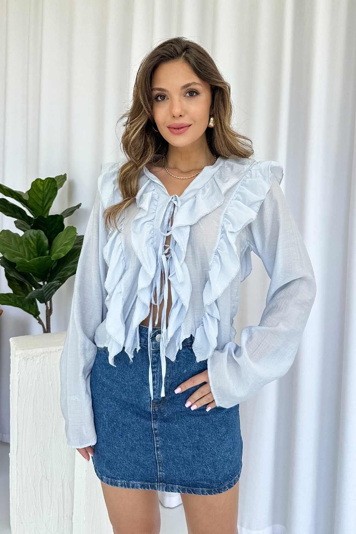 Mine Tan Butik Fırfır Detaylı Kadın Bluz - Mavi