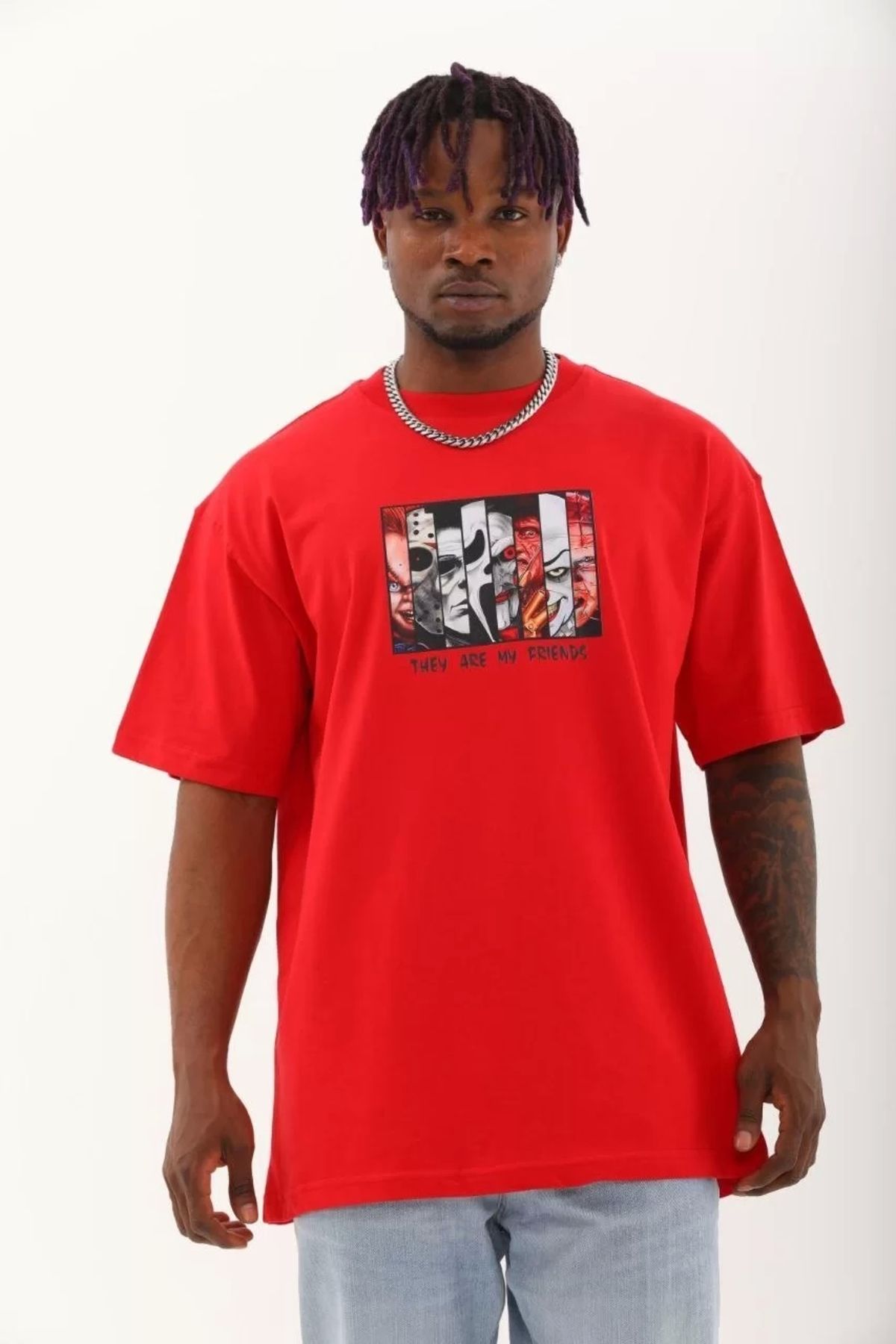 Robahood Unisex Oversize Baskılı Bisiklet Yaka T-Shirt - Kırmızı