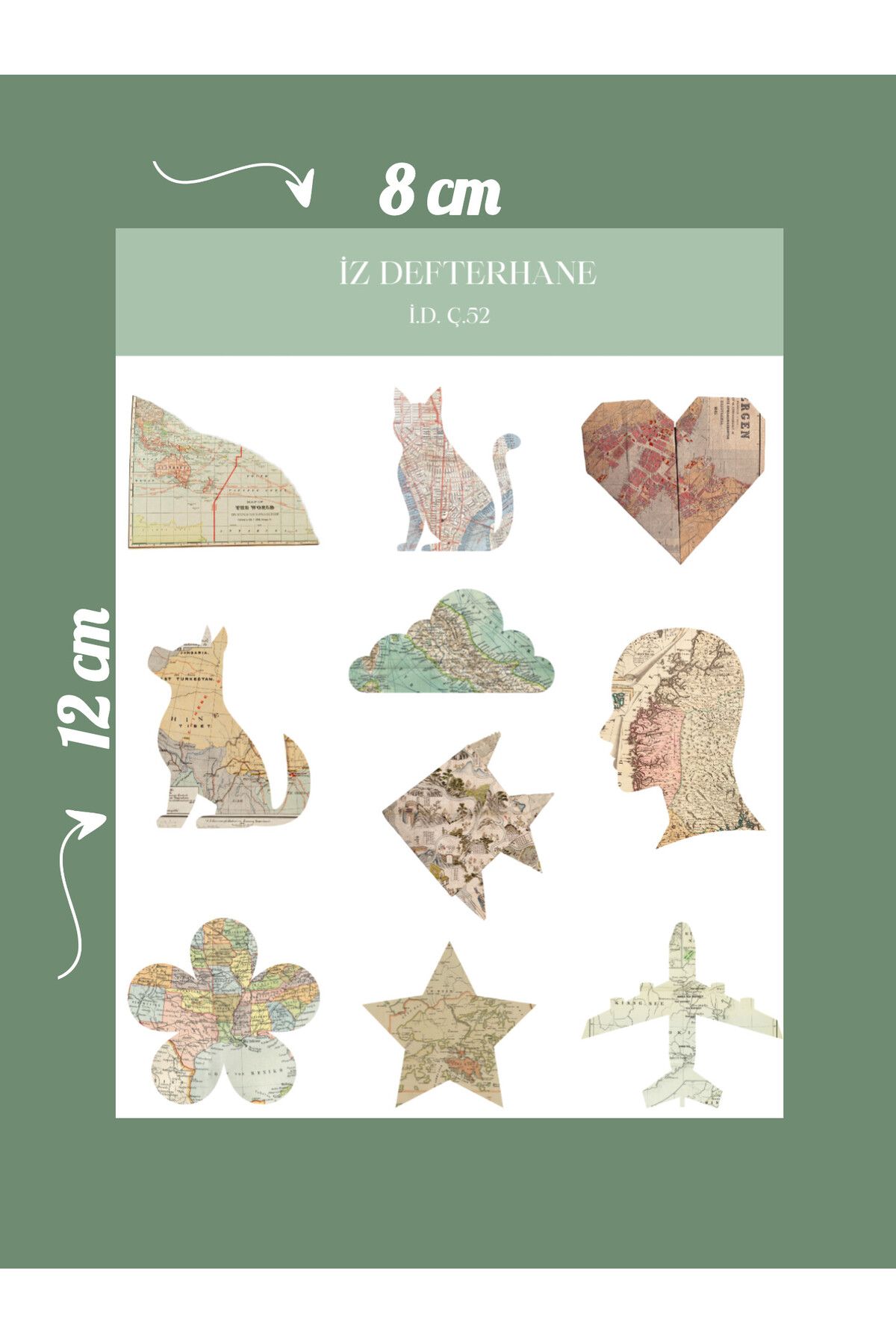 İZ DEFTERHANE Harita Desenli Çıkartma Sticker (Defter ajanda ve günlük planlayıcılar için uygun)