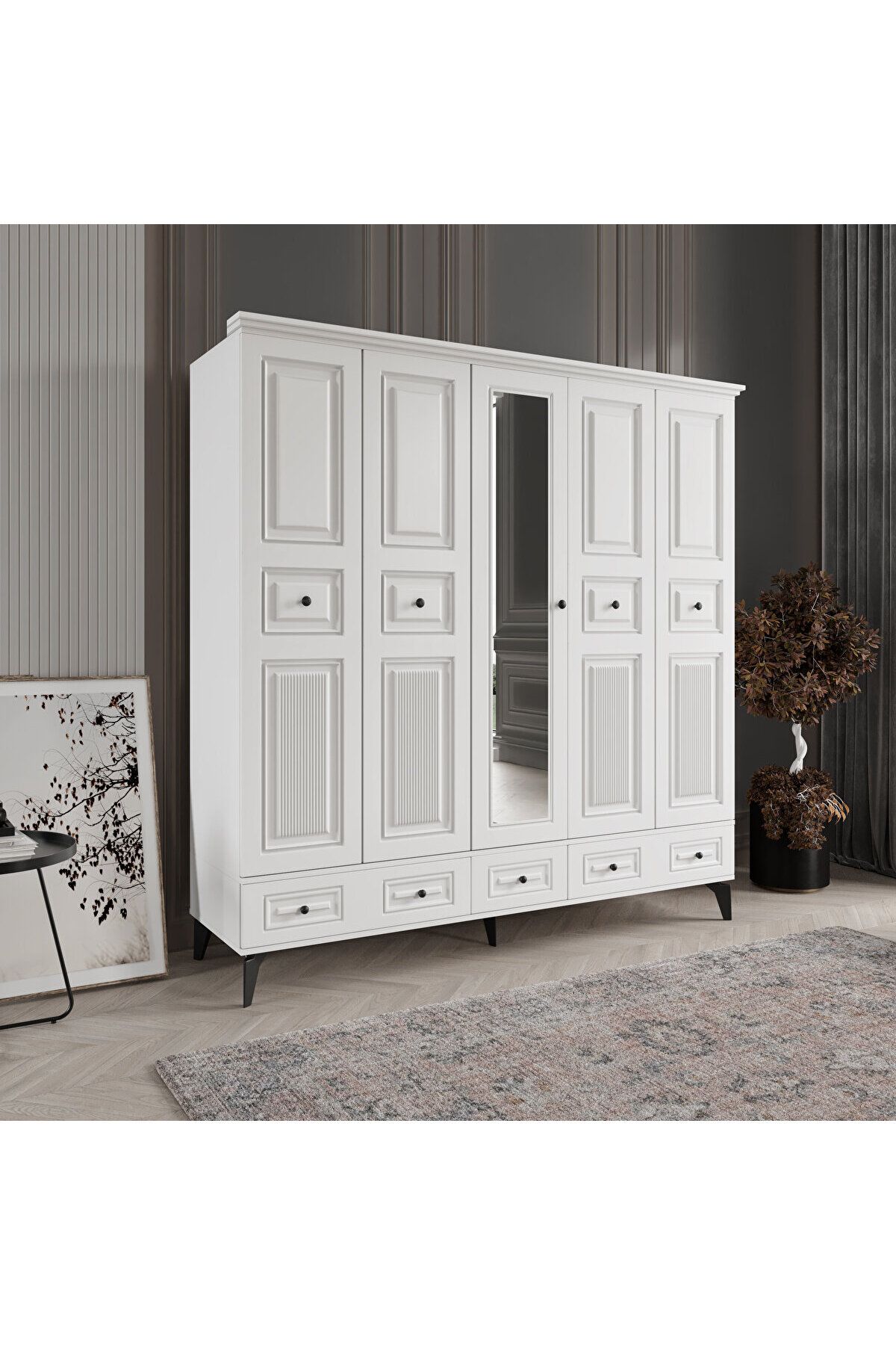 DRNHOME NİL 5 KAPAKLI BEYAZ GARDIROP TAMAMI MDF