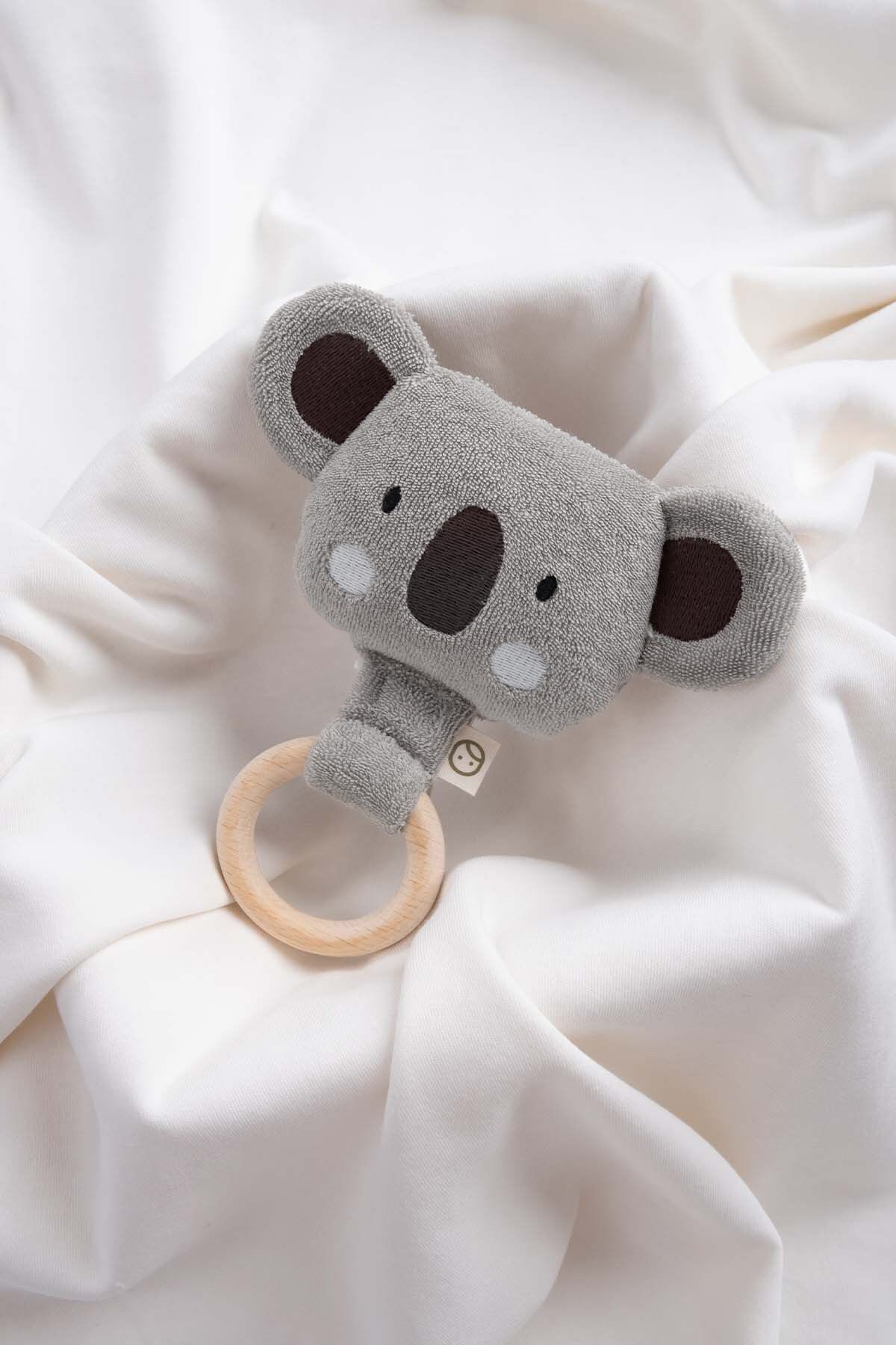 Little Gusto Ahşap Saplı Diş Kaşıyıcı ve Gri Çıngırak Koala