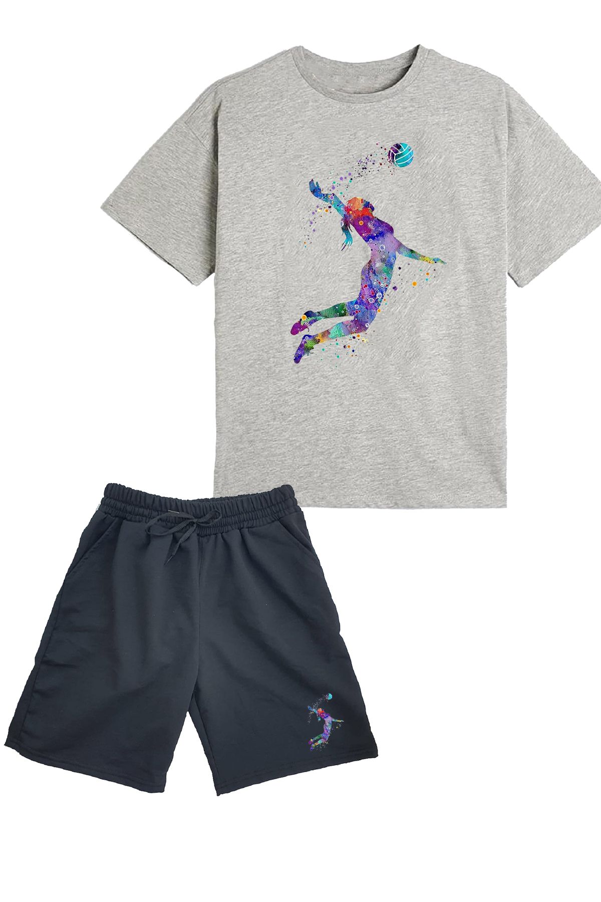 makiteks 2'li Set Baskılı Kız Çocuk Pamuk Şort Tshirt Takım Voleybol 5 6 7 8 9 10 11 12 13 14 yaş Tişört
