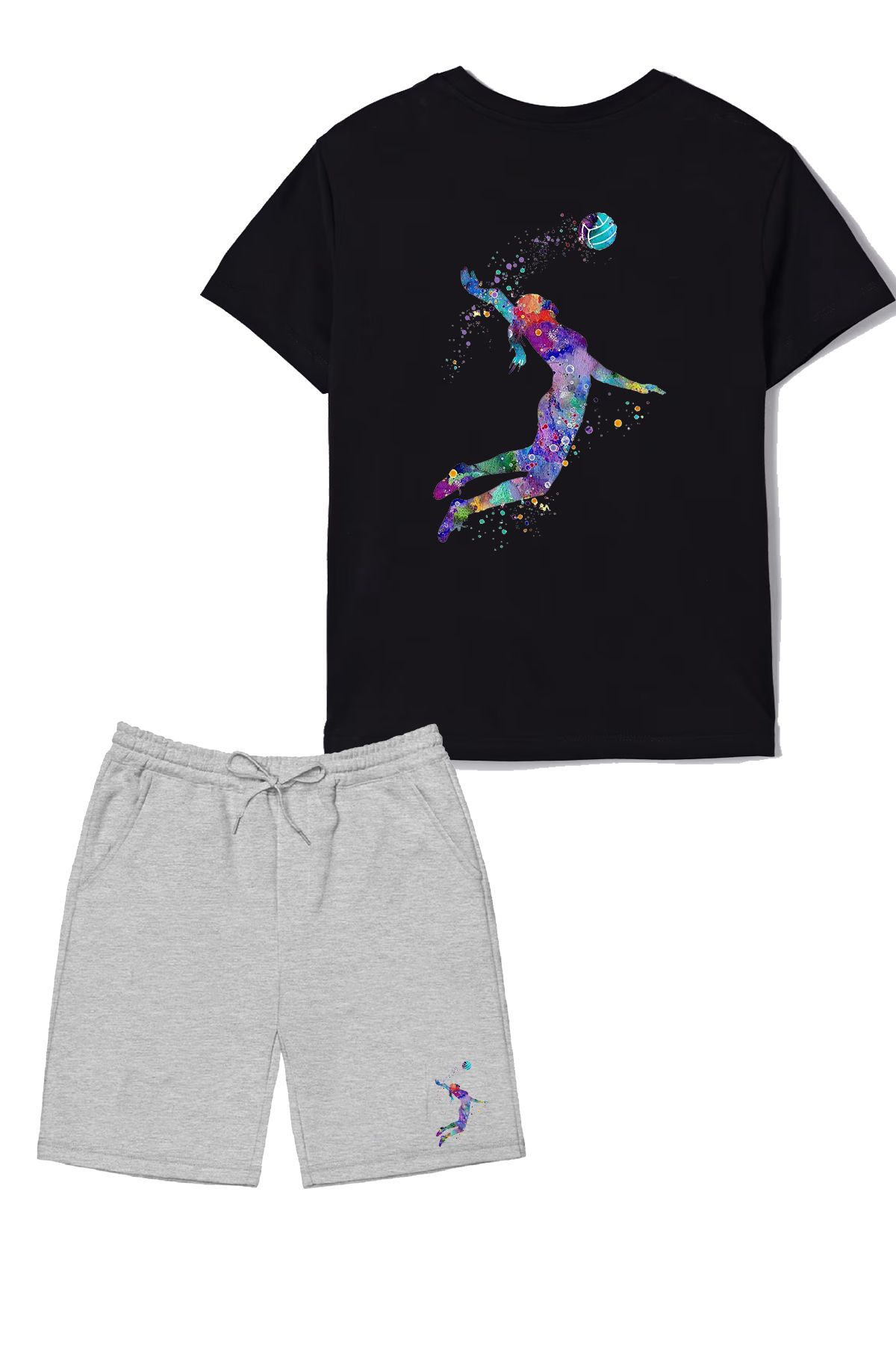 makiteks 2'li Set Baskılı Kız Çocuk Pamuk Şort Tshirt Takım Voleybol 5 6 7 8 9 10 11 12 13 14 yaş Tişört