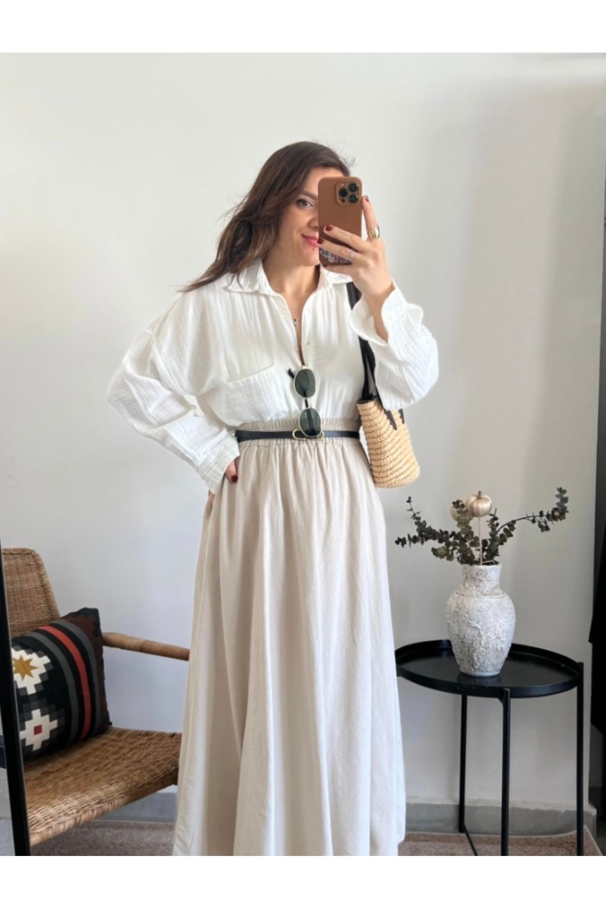 LinaModaa Kadın organik pamuk beyaz Müslin gömlek
