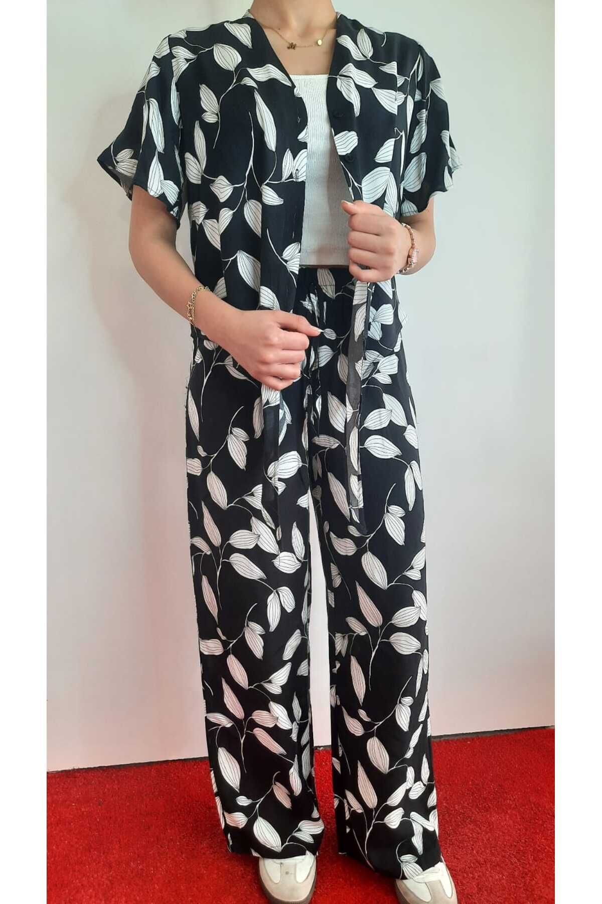 ŞIK VE MUTLU Kadın Bağlamalı 2'Li Gömlek Pantalon Takım
