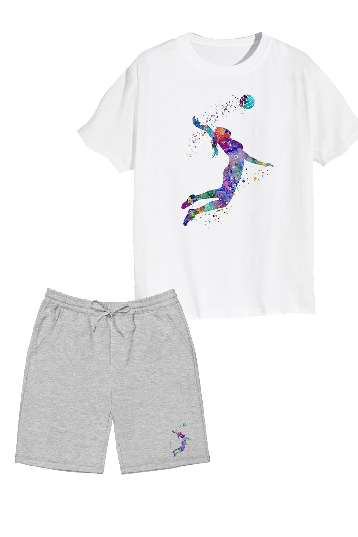 makiteks 2'li Set Baskılı Kız Çocuk Pamuk Şort Tshirt Takım Voleybol 5 6 7 8 9 10 11 12 13 14 yaş Tişört