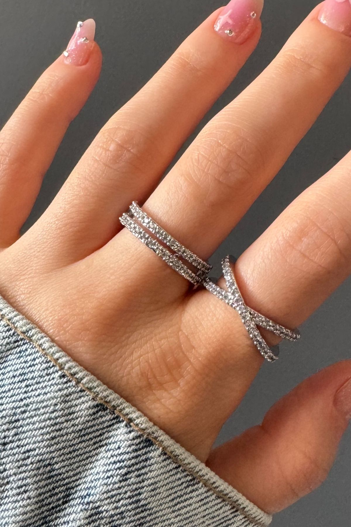 H&E DESIGN Kadın Gümüş Renk 2'li Zirkon Taşlı Çift Sıra Premium Ayarlanabilir Yüzük Seti