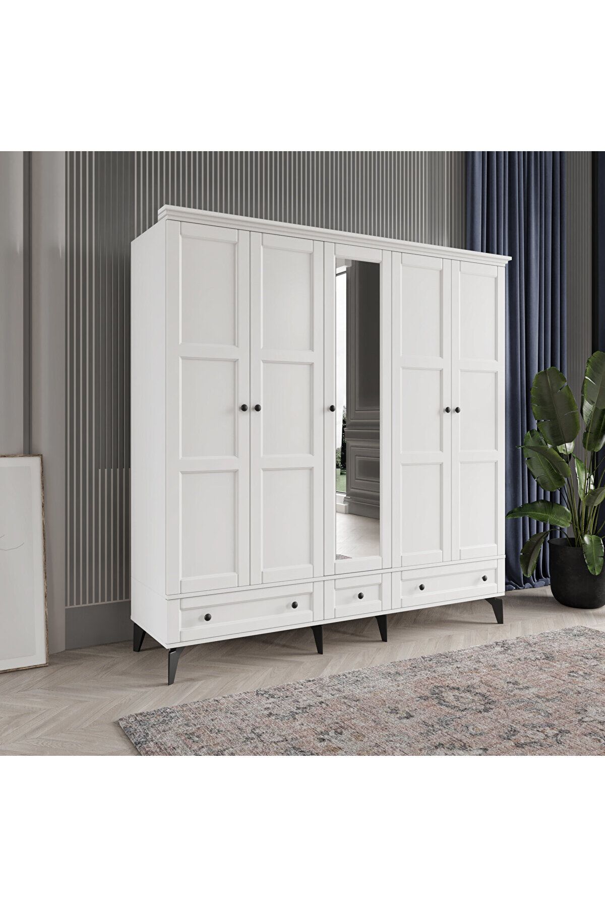 DRNHOME TOPRAK 5 KAPAKLI BEYAZ GARDIROP TAMAMI MDF