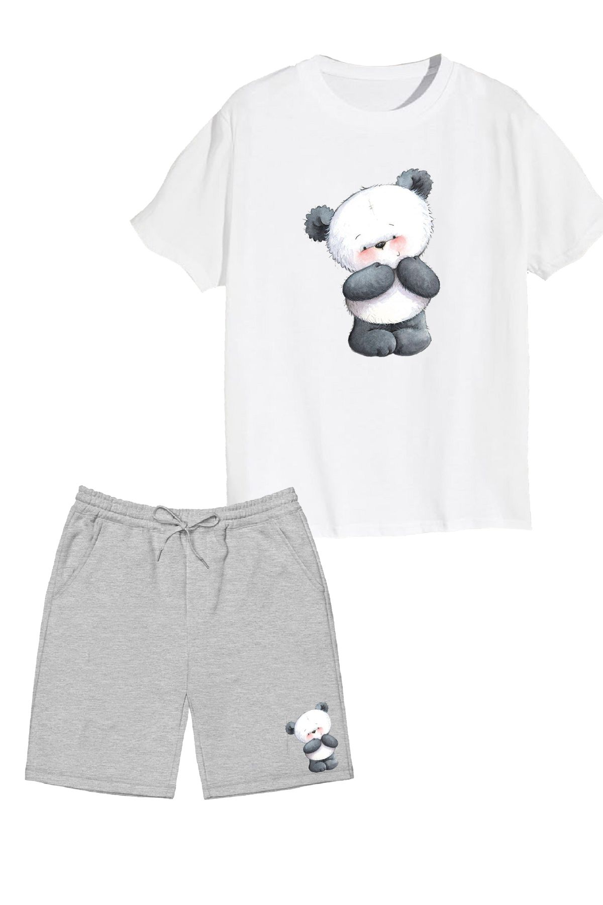 makiteks 2'li Set Baskılı Kız Çocuk Pamuk Şort Tshirt Takım Panda 5 6 7 8 9 10 11 12 13 14 yaş Tişört