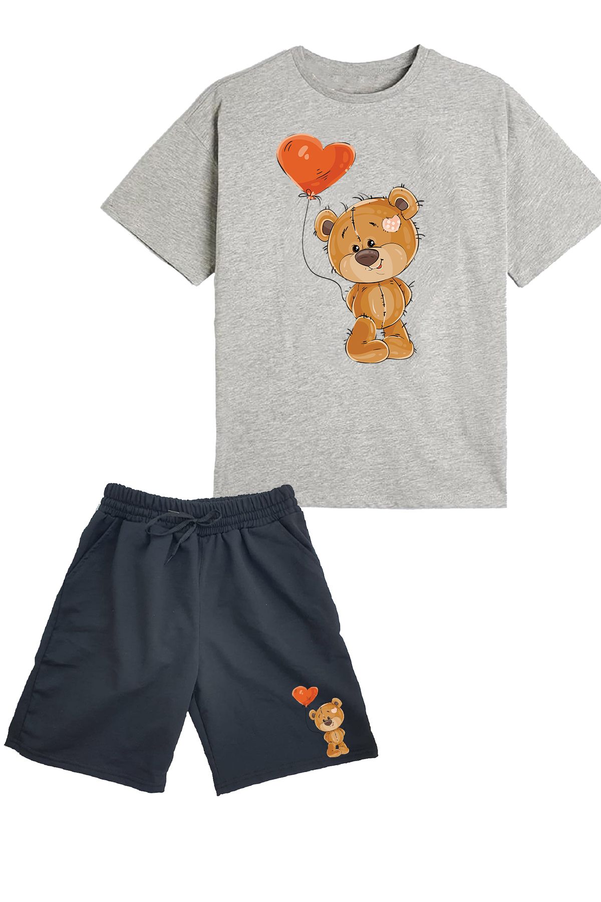 makiteks 2'li Set Baskılı Kız Çocuk Pamuk Şort Tshirt Takım Teddybear 5 6 7 8 9 10 11 12 13 14 yaş Tişört