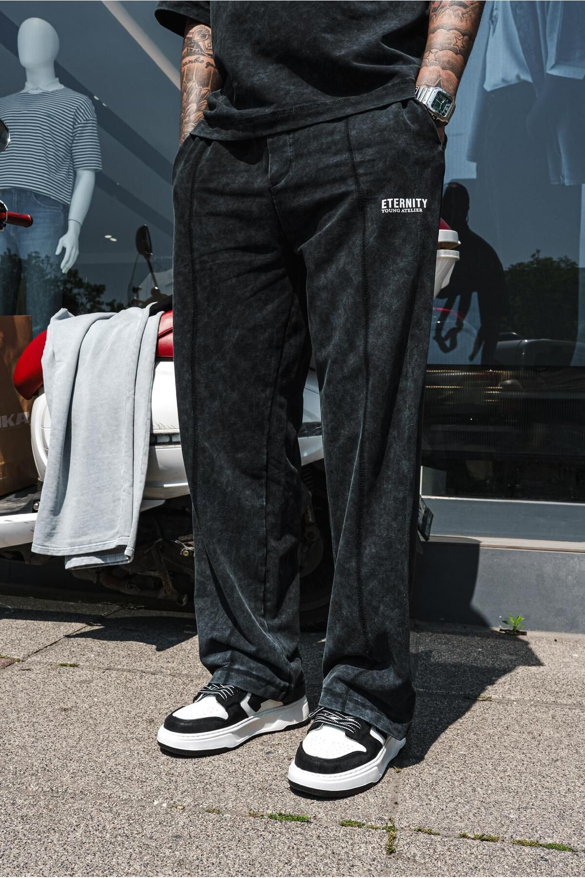 ablukaonline Erkek Baggy Fit Yıkamalı Eşofman Siyah