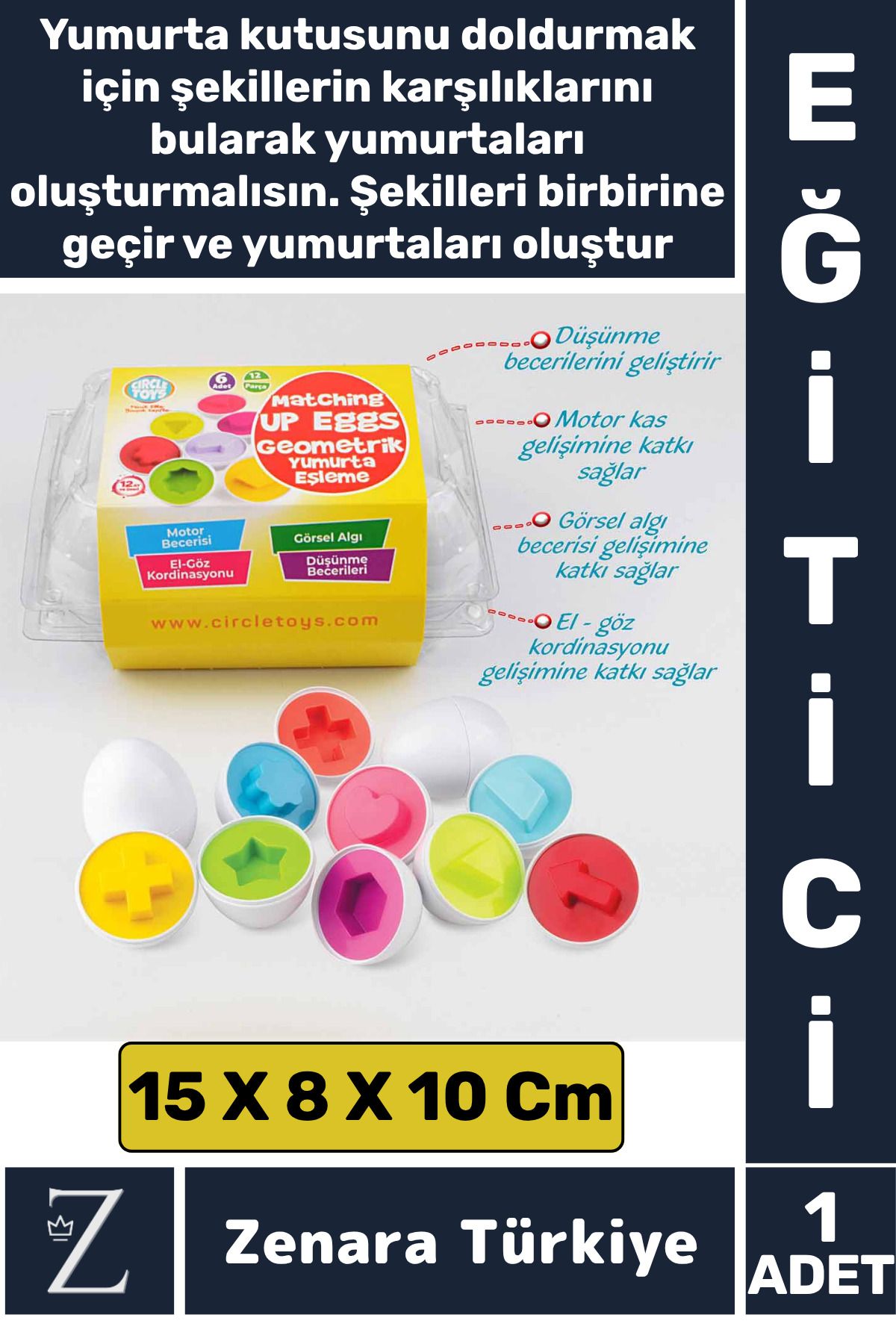 Zenara Çocuk Eğitici Düşünme Görsel Algı Eşleştirme Becerisi Geometrik Şekiller YUMURTA EŞLEME Oyunu 6'lı