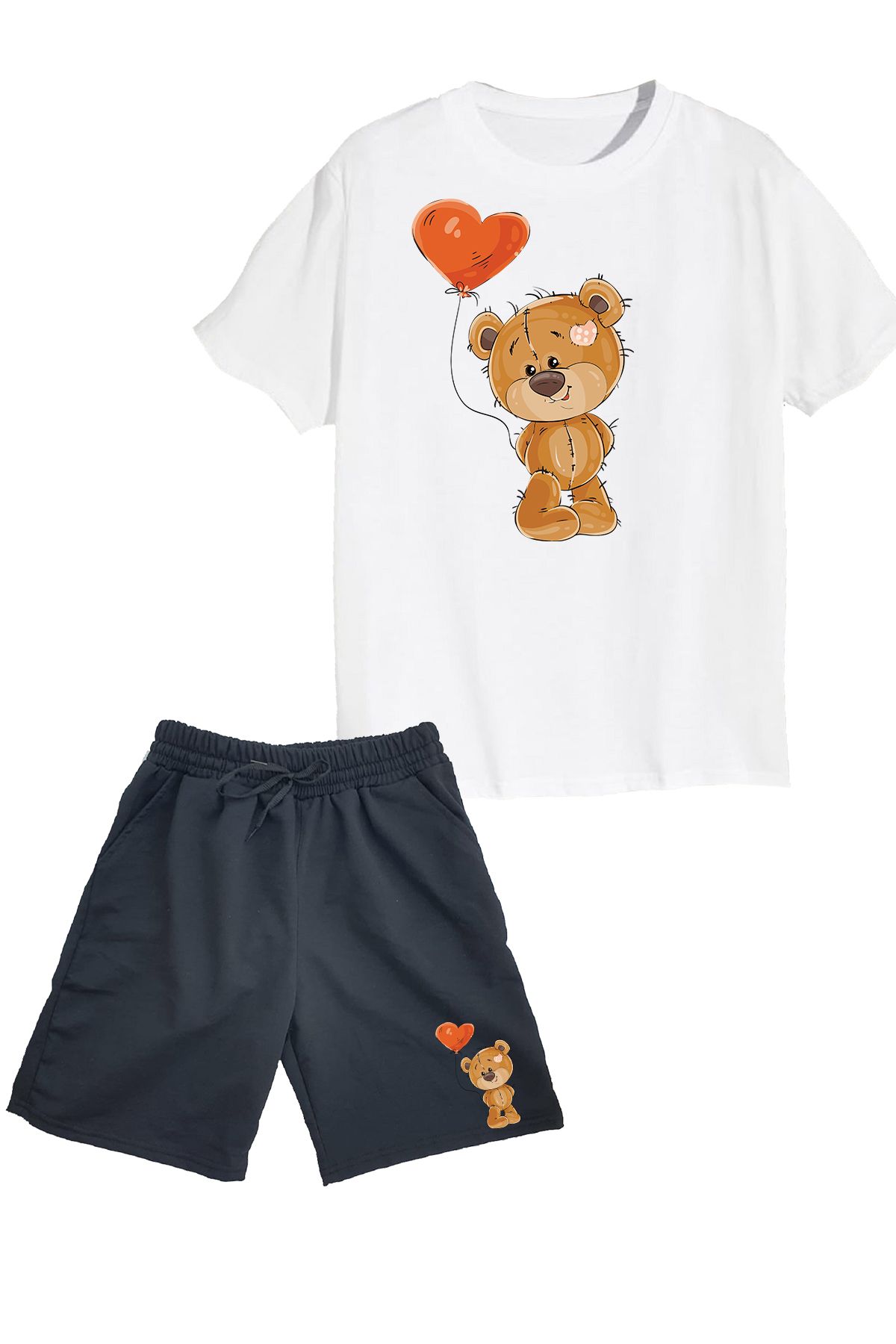 makiteks 2'li Set Baskılı Kız Çocuk Pamuk Şort Tshirt Takım Teddybear 5 6 7 8 9 10 11 12 13 14 yaş Tişört