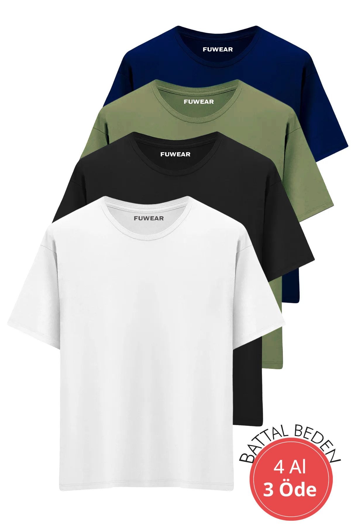 FUWEAR Büyük Battal Beden Premium Kalite Pamuklu T-Shirt 4 Adet Siyah, Beyaz, Haki ve Lacivert