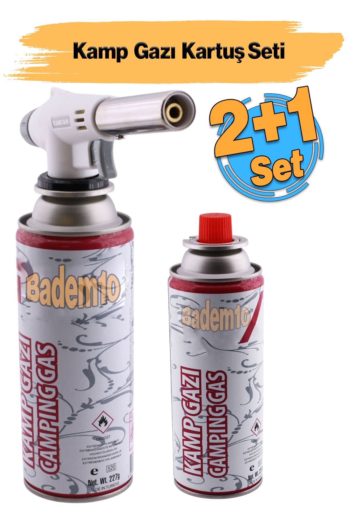 Badem10 Çakmaklı Pürmüz 2+1 Set Yedek Kartuşu Kamp Gazı 227 Gram Piknik Kamp Mangal Mutfak Ateş Tutuşturucu