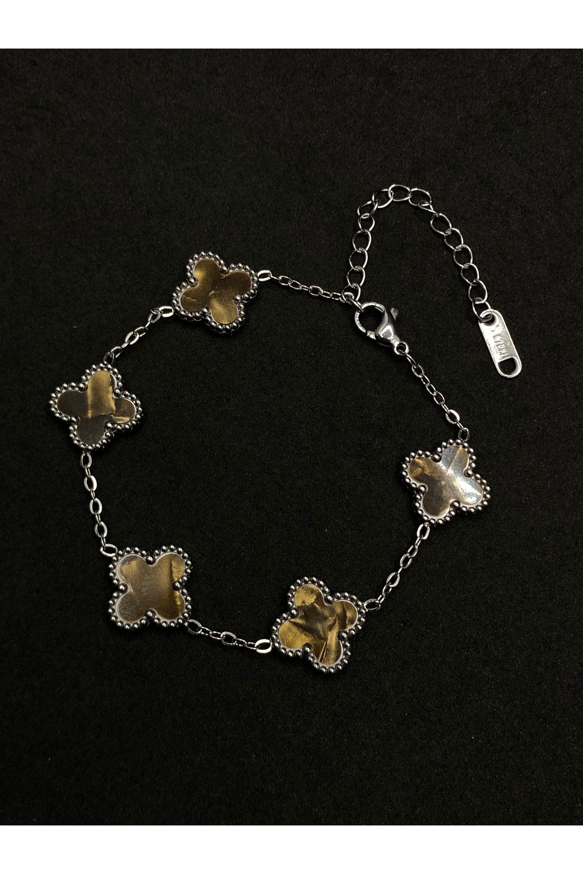 Jiji Jewelery Van Cleef Yonca Model Çift Taraflı Mineli Paslanmaz Çelik Bileklik 17 cm / ek çıkarılabilir 5 cm