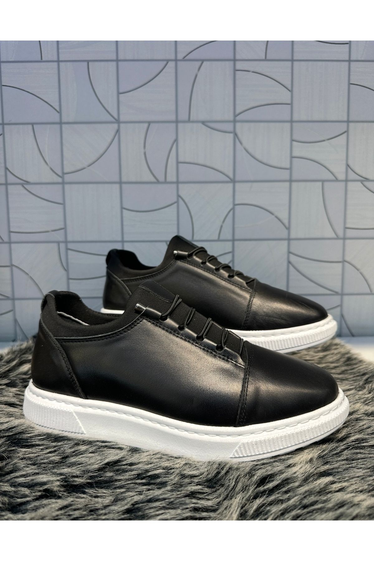 Anıl Ayakkabı BRN 344 Erkek Siyah Hakiki Deri Lastik Bağcık Detay Comford Günlük Casual Ortopedik Loafer Ayakkabı