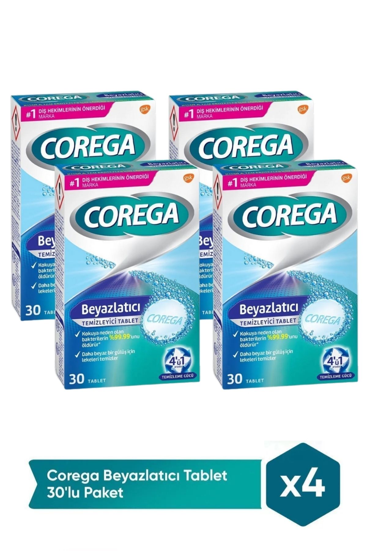 Corega Diş Protezi Temizleyici Beyazlatıcı 30 Tablet x 4 Adet