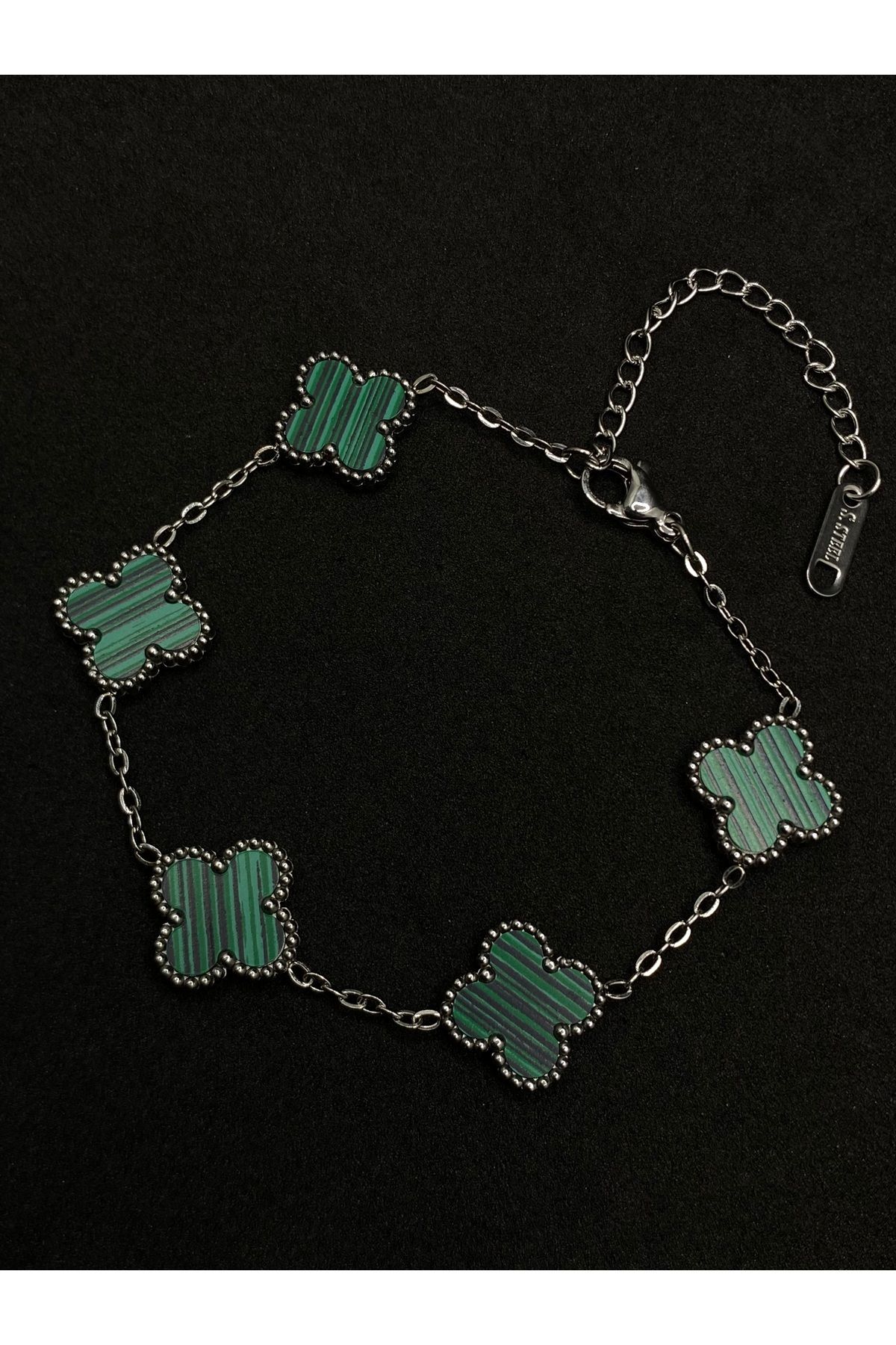 Jiji Jewelery Van Cleef Yonca Model Çift Taraflı Mineli Paslanmaz Çelik Bileklik 17 cm / ek çıkarılabilir 5 cm