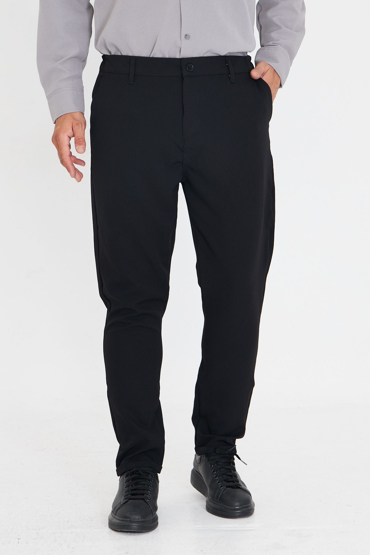 masso moda Erkek Bel Yarım Lastikli Kemerli Double Paça Dabıl Face Kumaş Slim Fit Pantolon