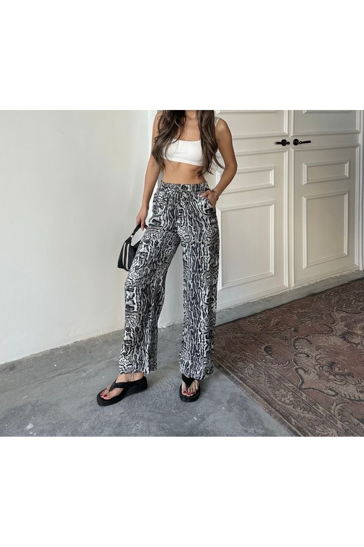 miyase Leopar Desen İpek Saten Pantolon