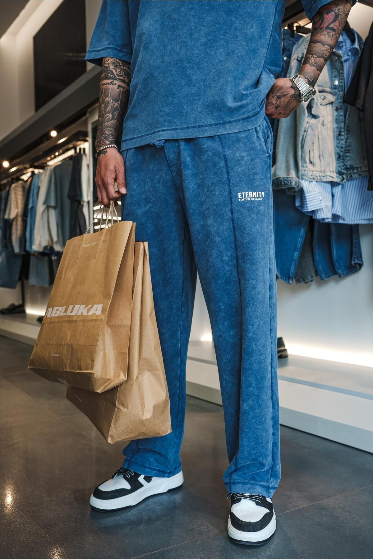 ablukaonline Erkek Baggy Fit Yıkamalı Eşofman Mavi