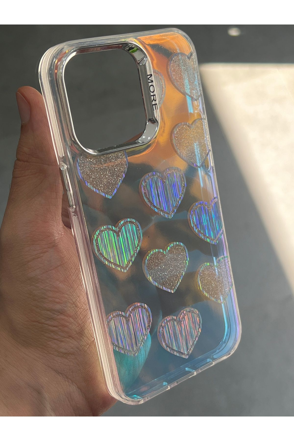 EDELFU iPhone 14 Pro Max Hologramlı Desenli Şeffaf Kapak Gümüş Çerçeveli Koruyucu Telefon Kılıfı