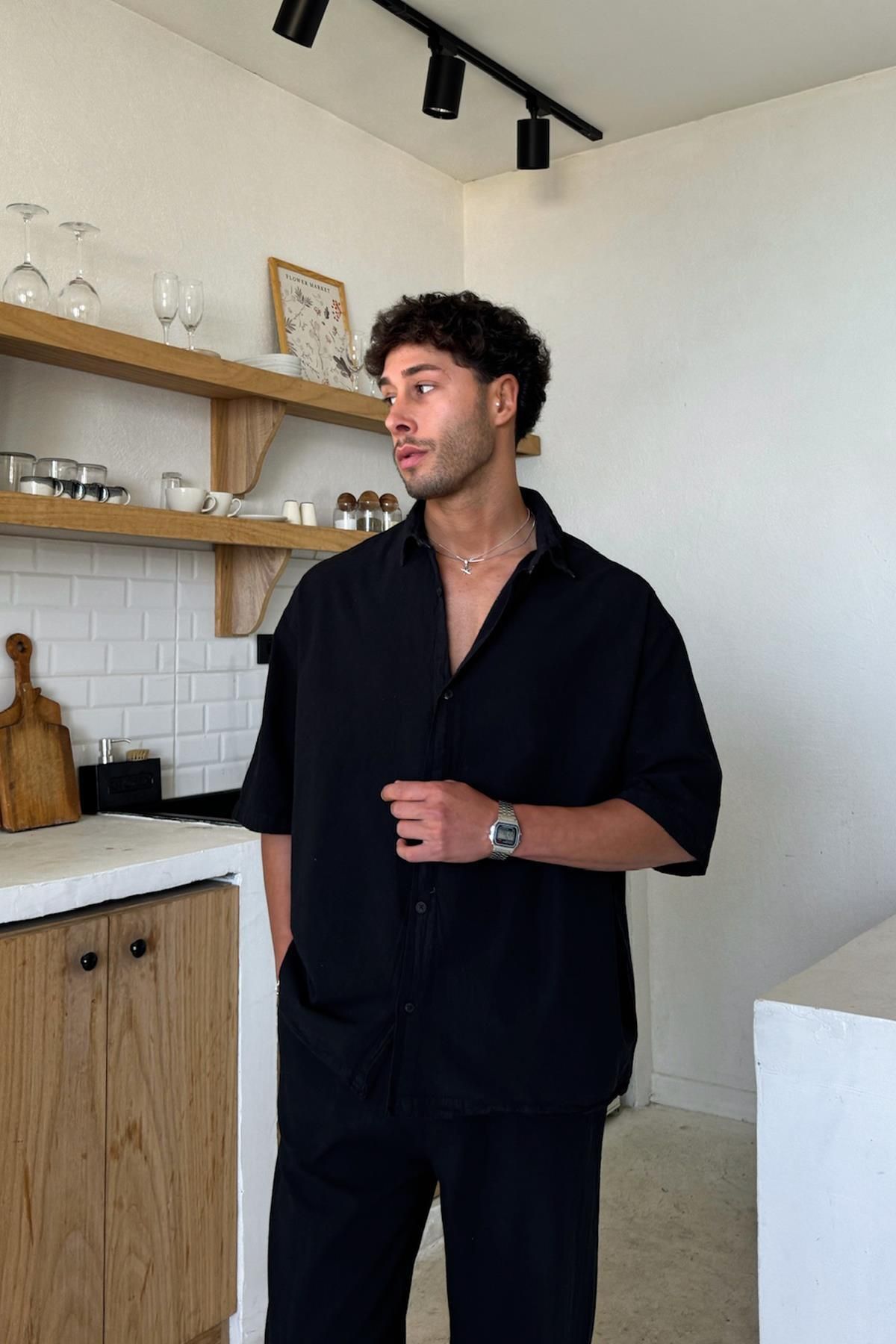 Flaw Wear Siyah Basic Oversize Kısa Kol Keten Gömlek