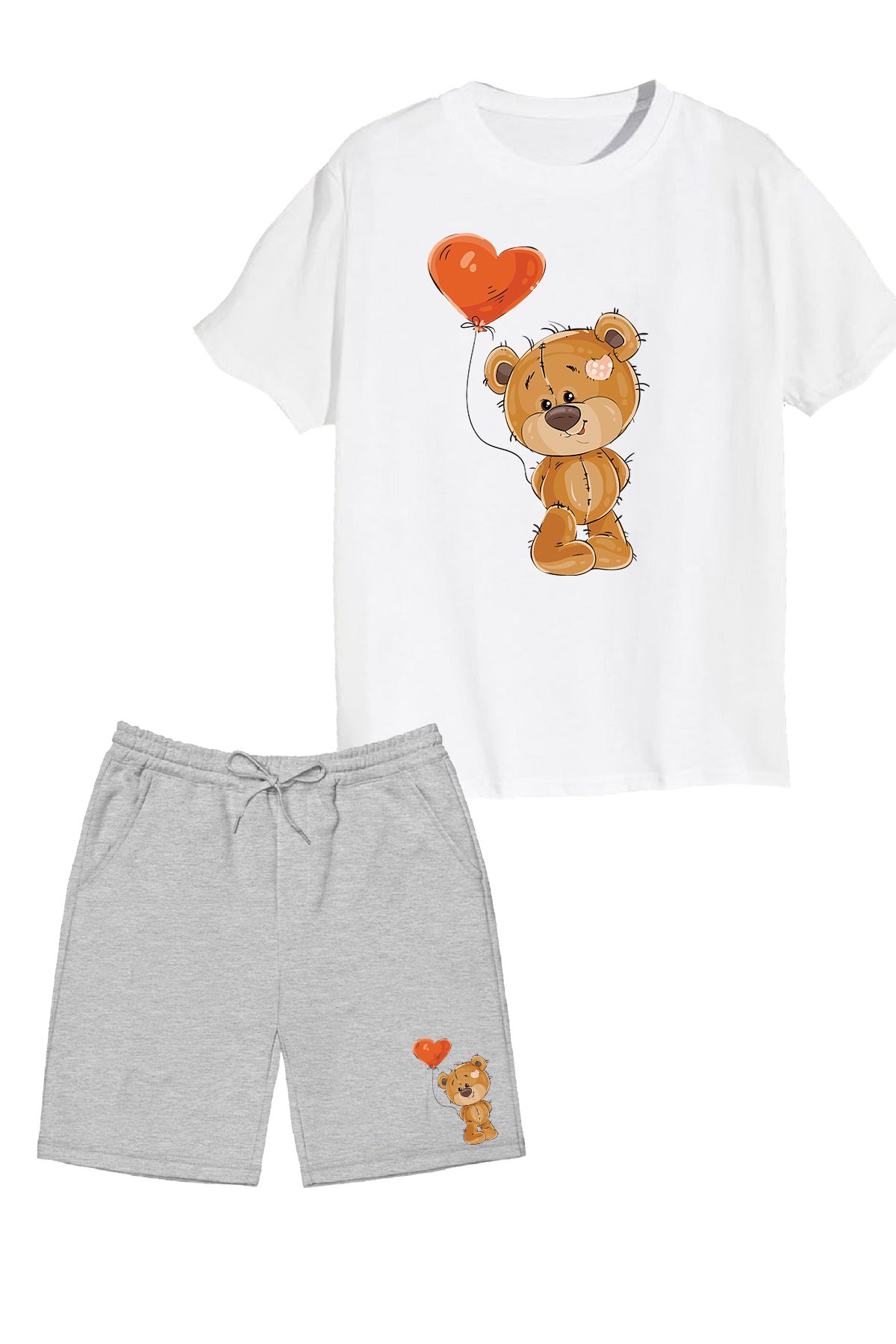 makiteks 2'li Set Baskılı Kız Çocuk Pamuk Şort Tshirt Takım Teddybear 5 6 7 8 9 10 11 12 13 14 yaş Tişört
