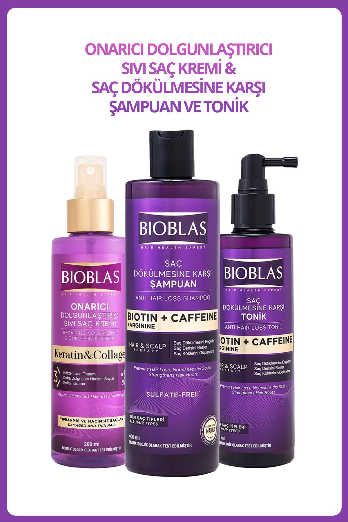 Bioblas Kafein Arjinin Biotin Saç Dökülmesi Karşıtı Şampuan 400 Ml+Saç Toniği 200 ML+Sıvı Saç Kremi 200 ML