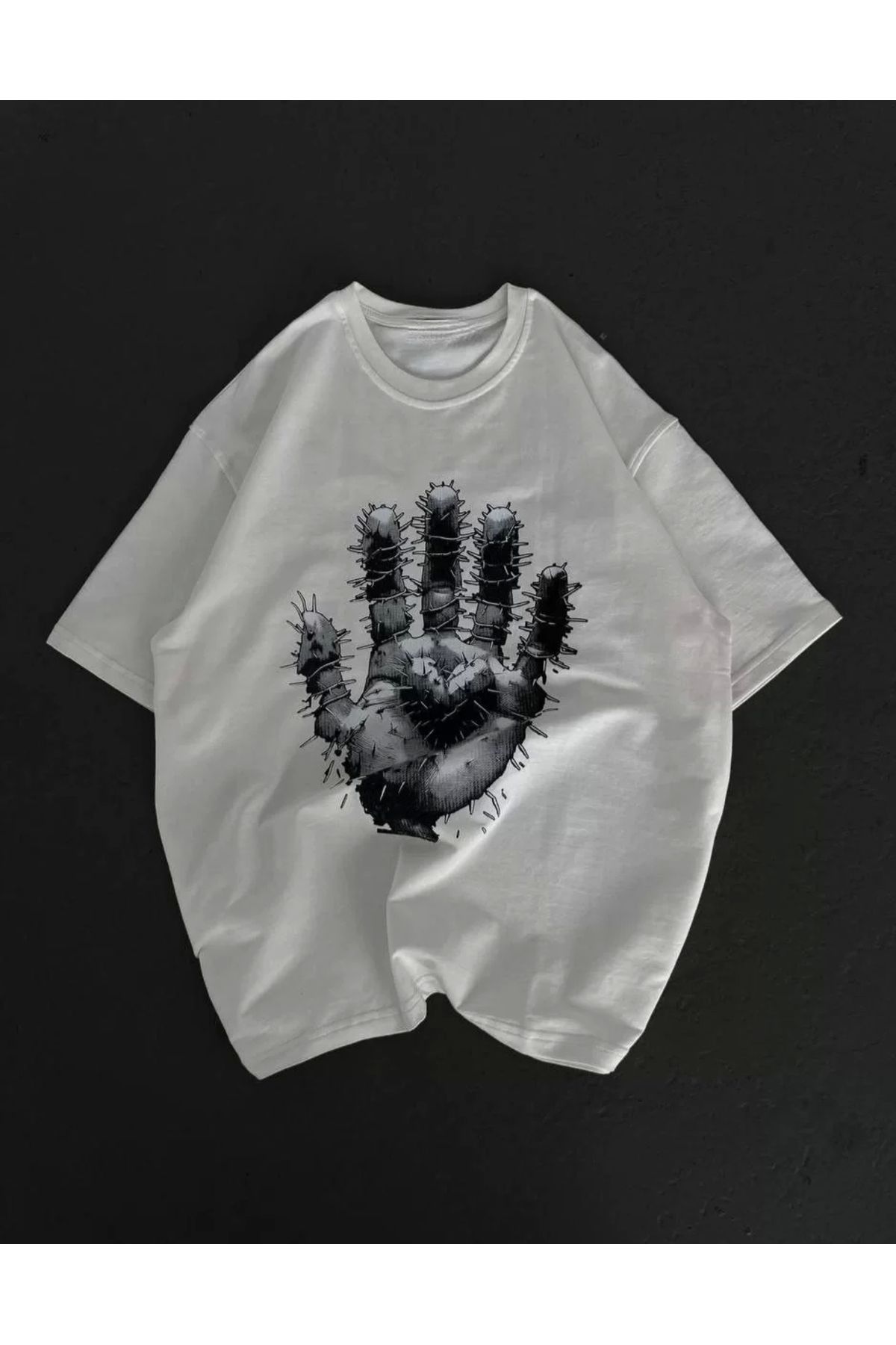 Robahood Unisex Bisiklet Yaka Baskılı Oversize T-Shirt - Beyaz