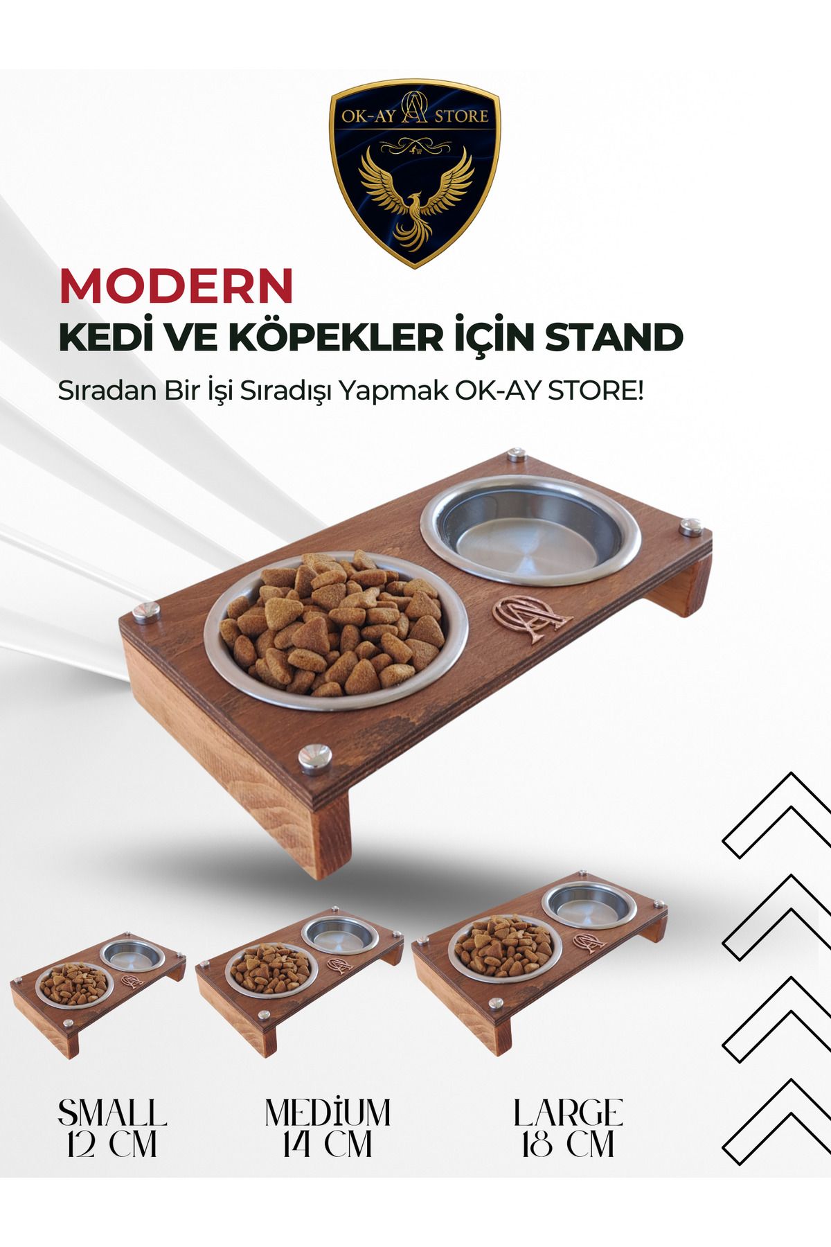 Okay Kedi Köpek Mama ve Su Kabı Standı – Ahşap Gövde, Paslanmaz Çelik Kaseli, Kaymaz Tabanlı
