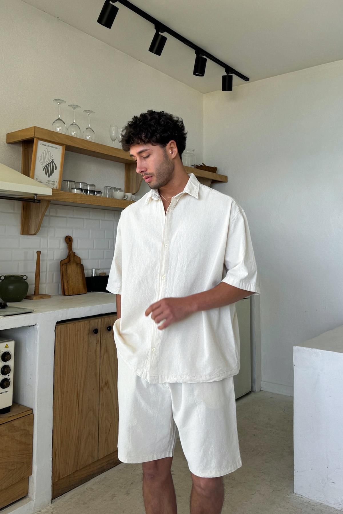 Flaw Wear Krem Basic Oversize Kısa Kol Keten Gömlek