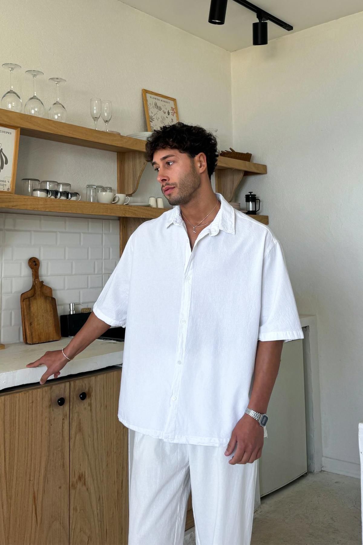 Flaw Wear Beyaz Basic Oversize Kısa Kol Keten Gömlek