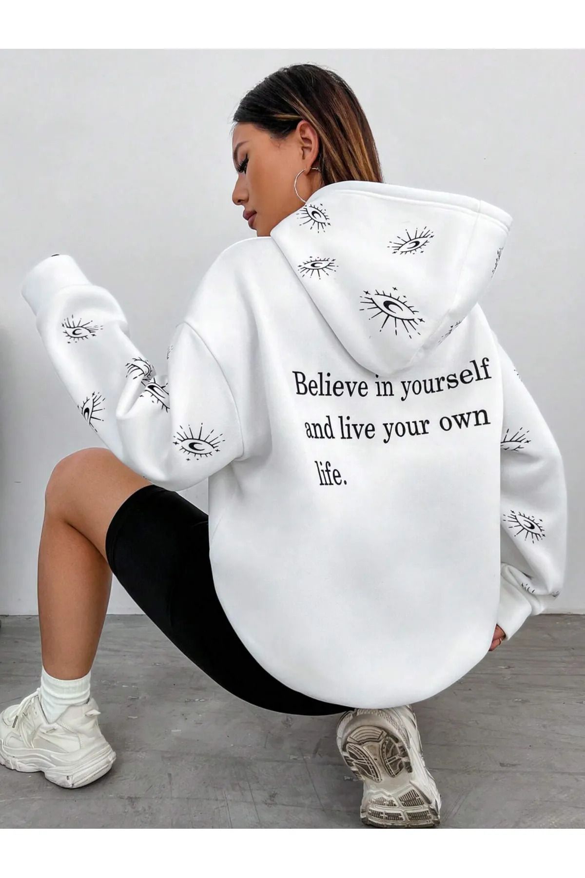 MARECASH 3 İplik Kapüşonlu Göz Baskılı Sweatshirt Unisex Oversize Kalın Kışlık %100 Pamuk
