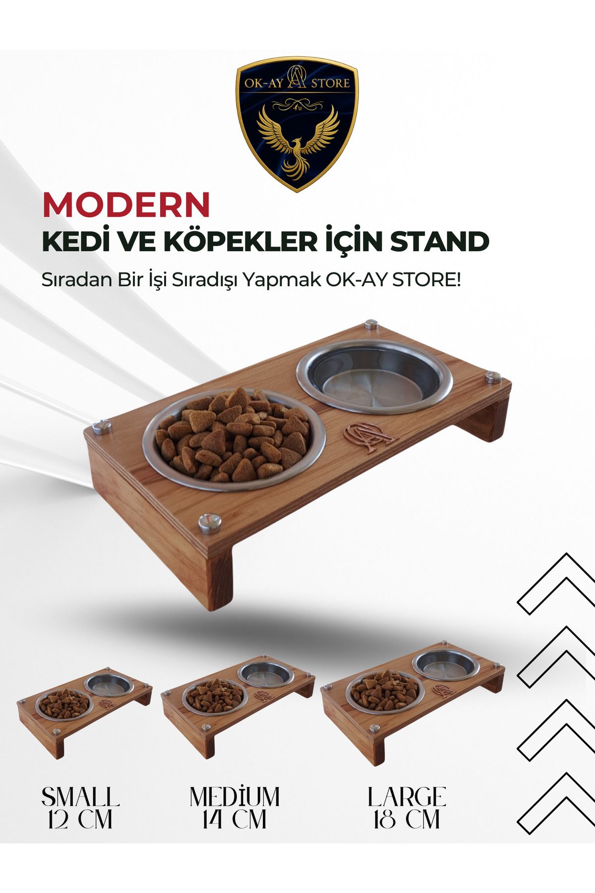 Okay Kedi Köpek Mama ve Su Kabı Standı – Ahşap Gövde, Paslanmaz Çelik Kaseli, Kaymaz Tabanlı