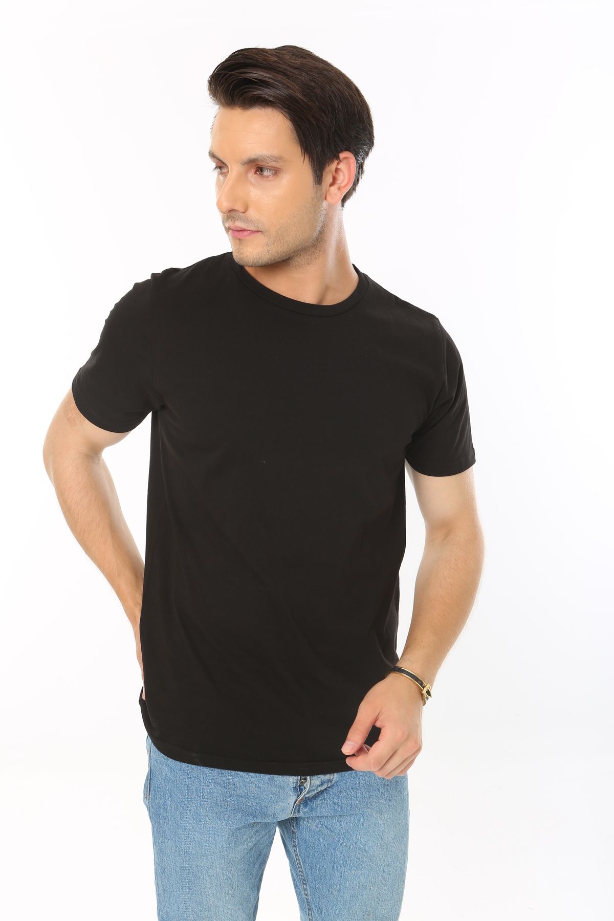 CHEISU Erkek Siyah %100 Pamuk Regular Fit Bisiklet Yaka Kısa Kol Basic T-shirt