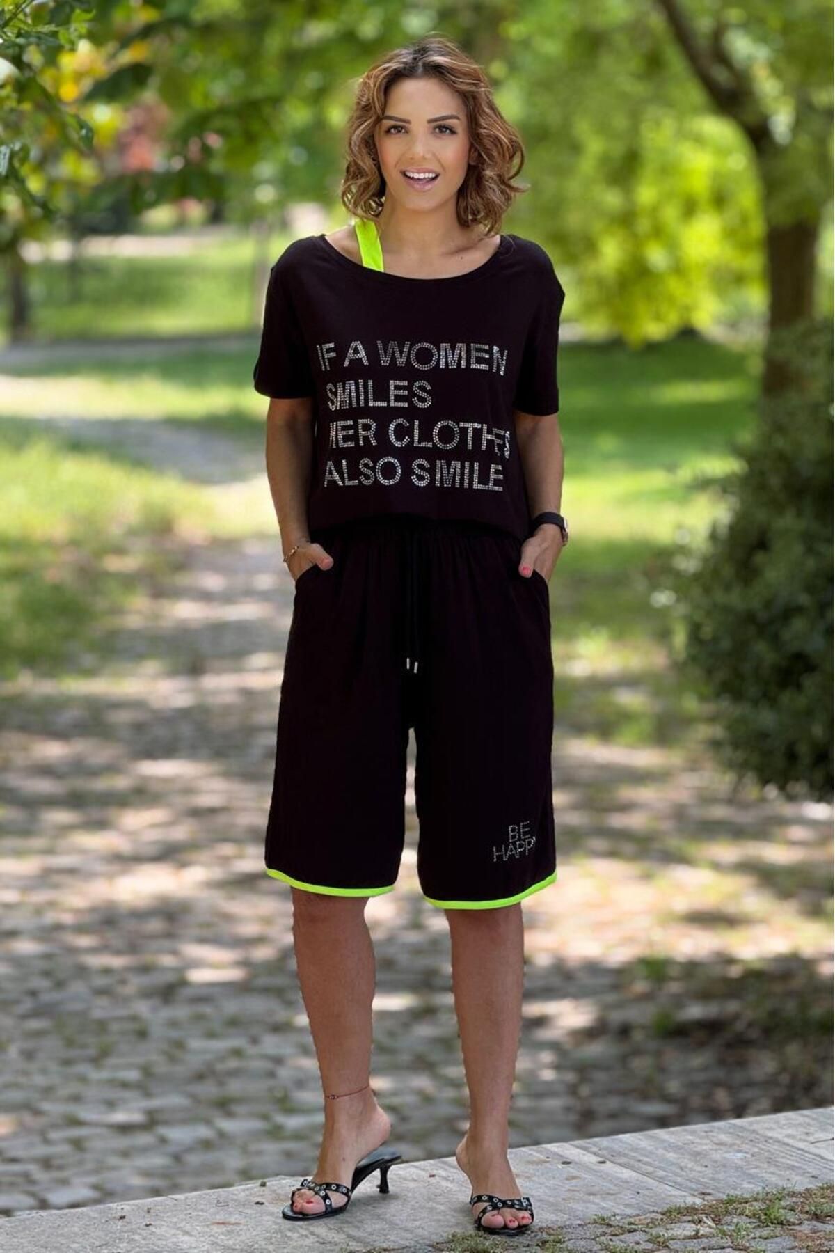 Nevin Kaya Moda Siyah Yeşil Askı Detaylı Taşlı Tasarım Şortlu Takım