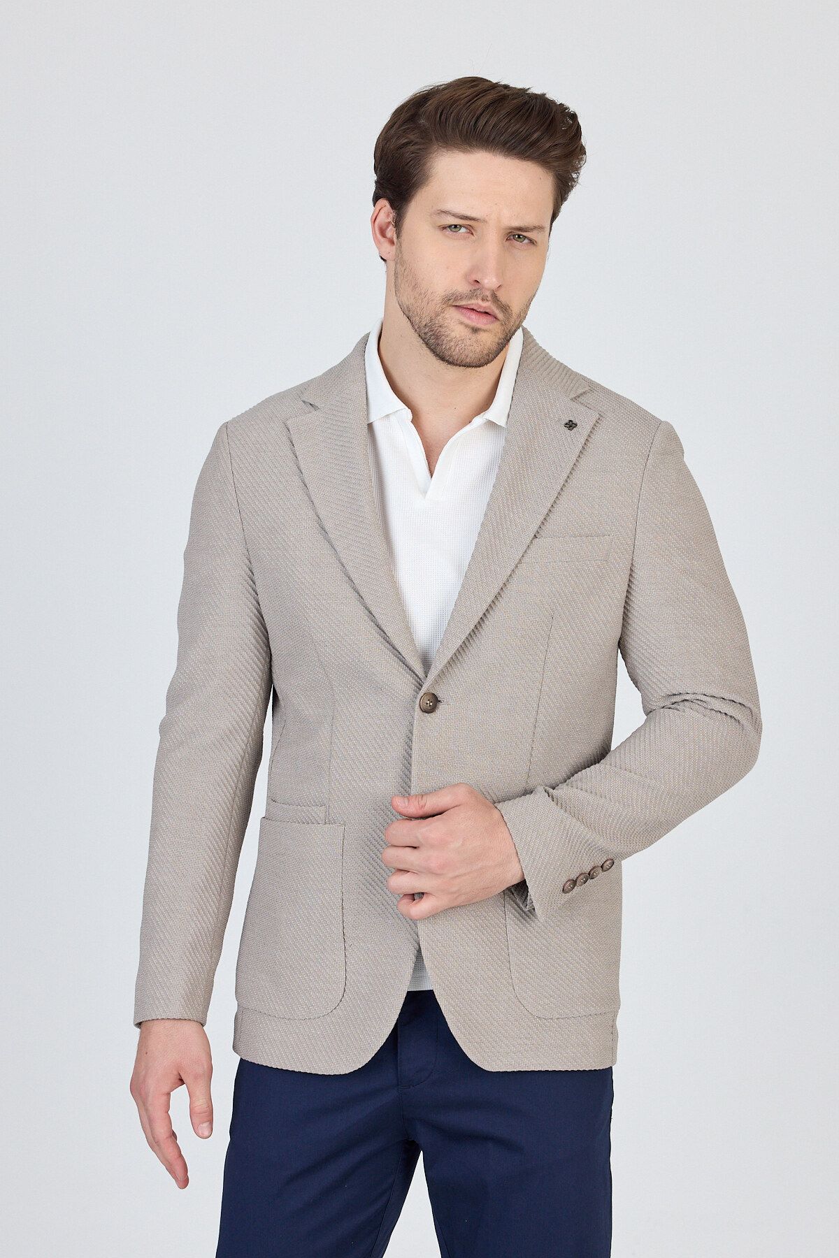 Frappoli Sandeo Erkek Smoke Astarsız Soft Diagonel Desenli Esneyen Kumaş Likralı Spor Blazer Ceket