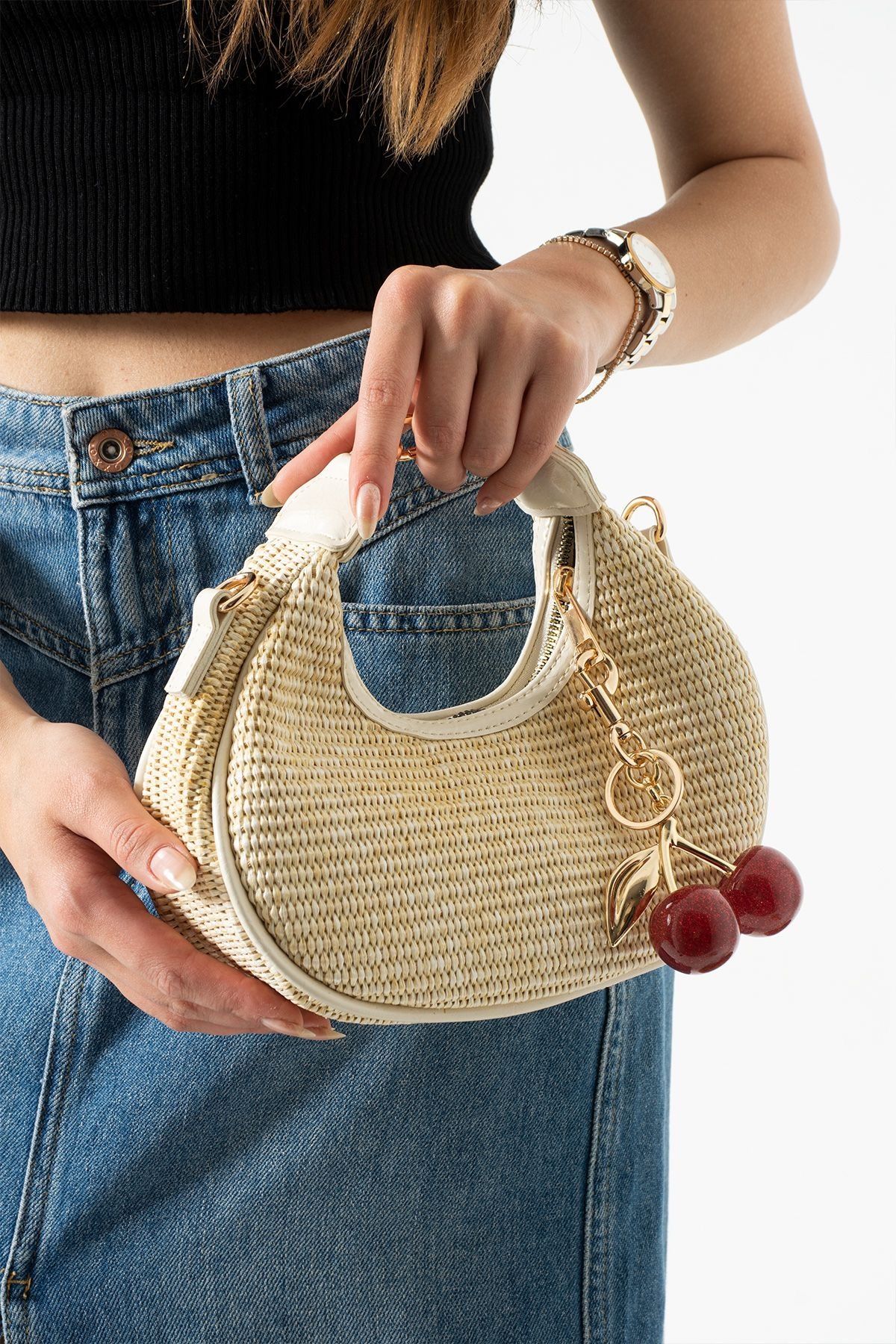 mèche atelier since 2024 Perry Model Hasır Kadın El ve Omuz Çantası Charm Hediyeli Krem