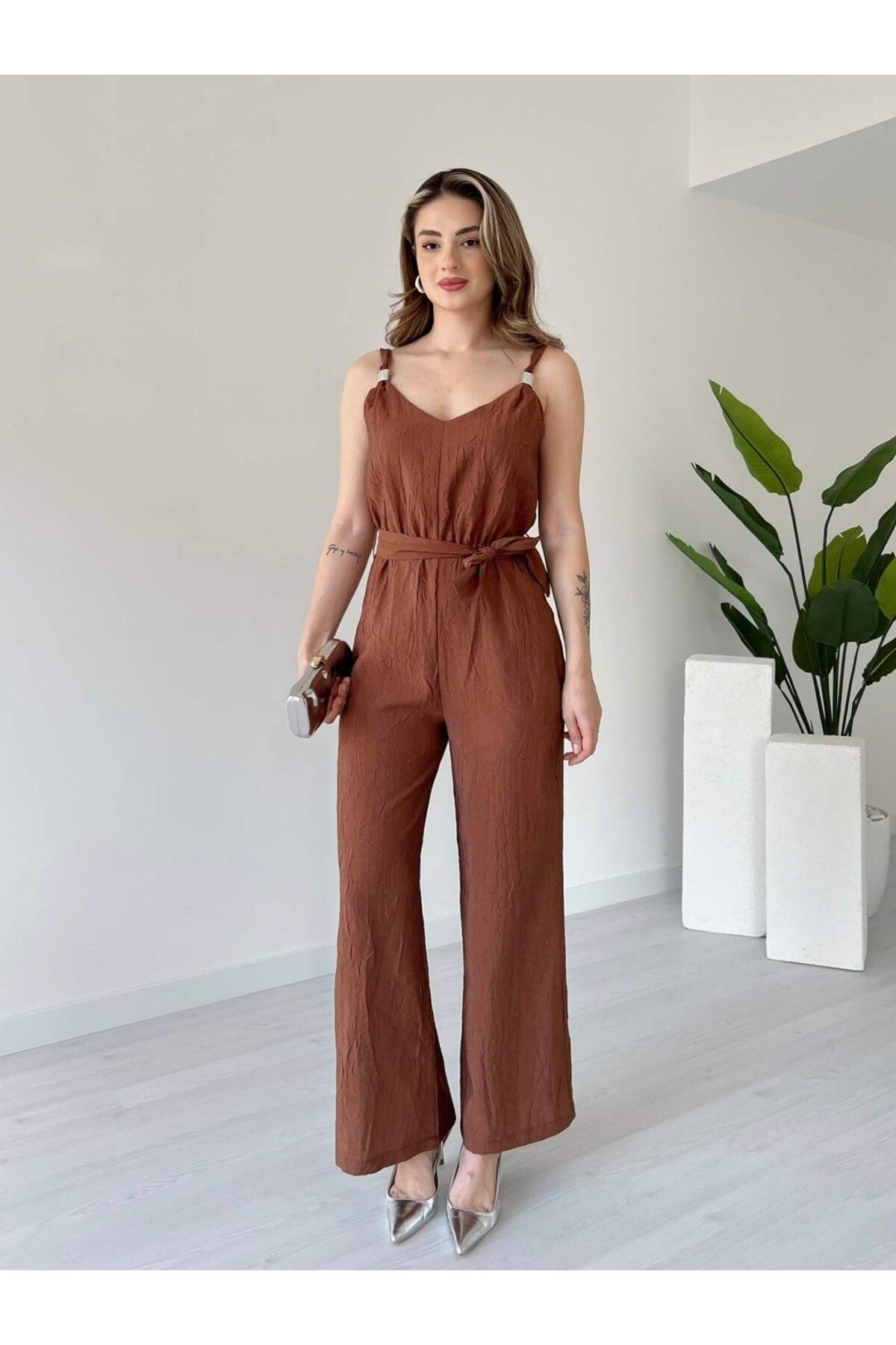 tiamoda Kırışık Kumaş Askılı Tulum