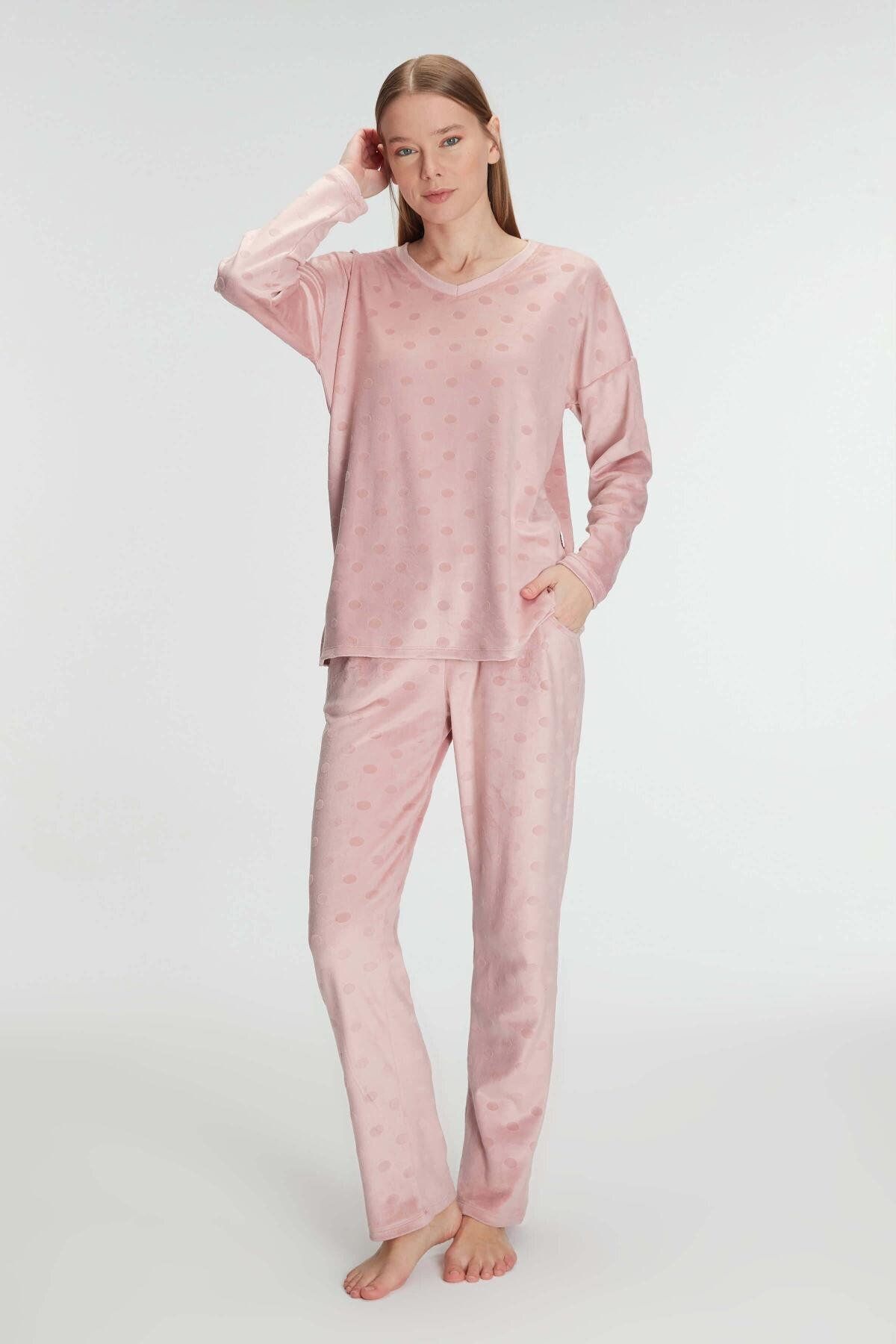 Motto10butik Uzun Kol V Yaka Sweatshirt ve Pantolon Takım Pijama Takımı