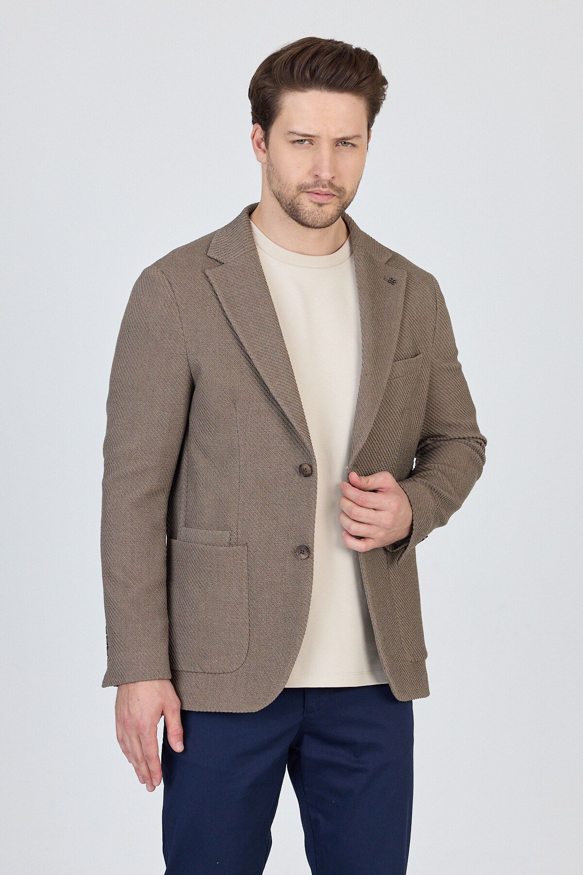 Frappoli Sandeo Erkek Koyu Vizon Astarsız Soft Diagonel Desenli Esneyen Kumaş Likralı Spor Blazer Ceket