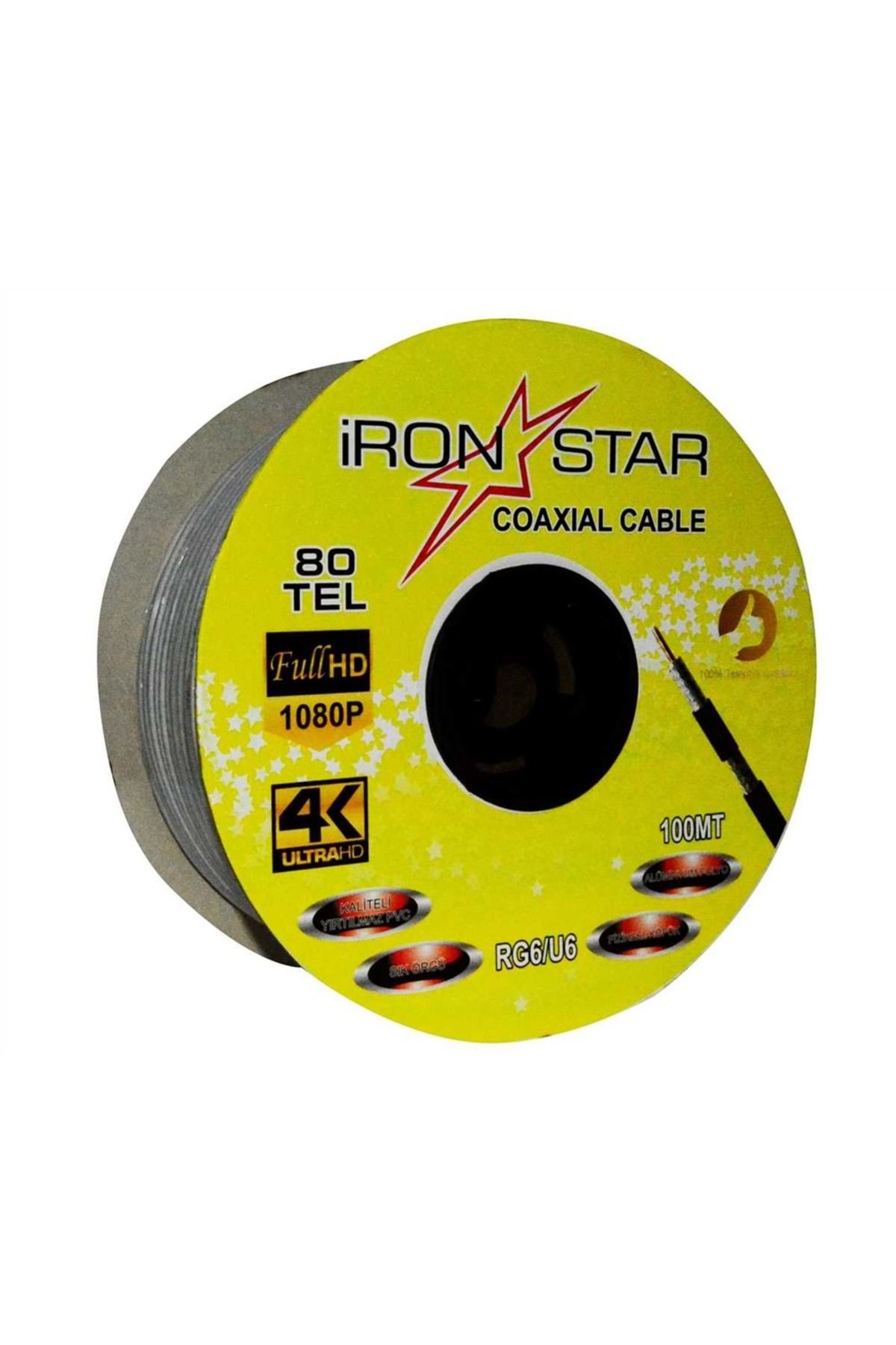 İronStar 80 Tel RG6-U4 Beyaz Uydu Anten Kablosu 100 Metre 1 Top Full HD 3k 4k Görüntü