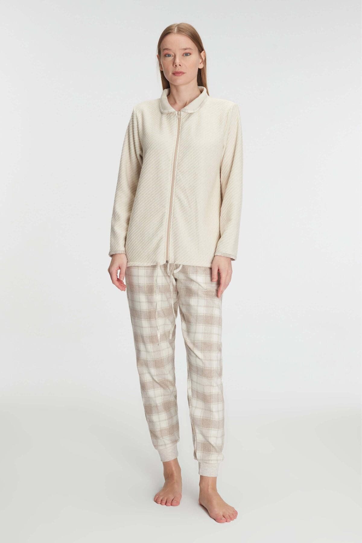 Motto10butik Fermuarlı Uzun Kol Sweatshirt Pantolon Takım Viskon ve Pamuklu Pijama Takım