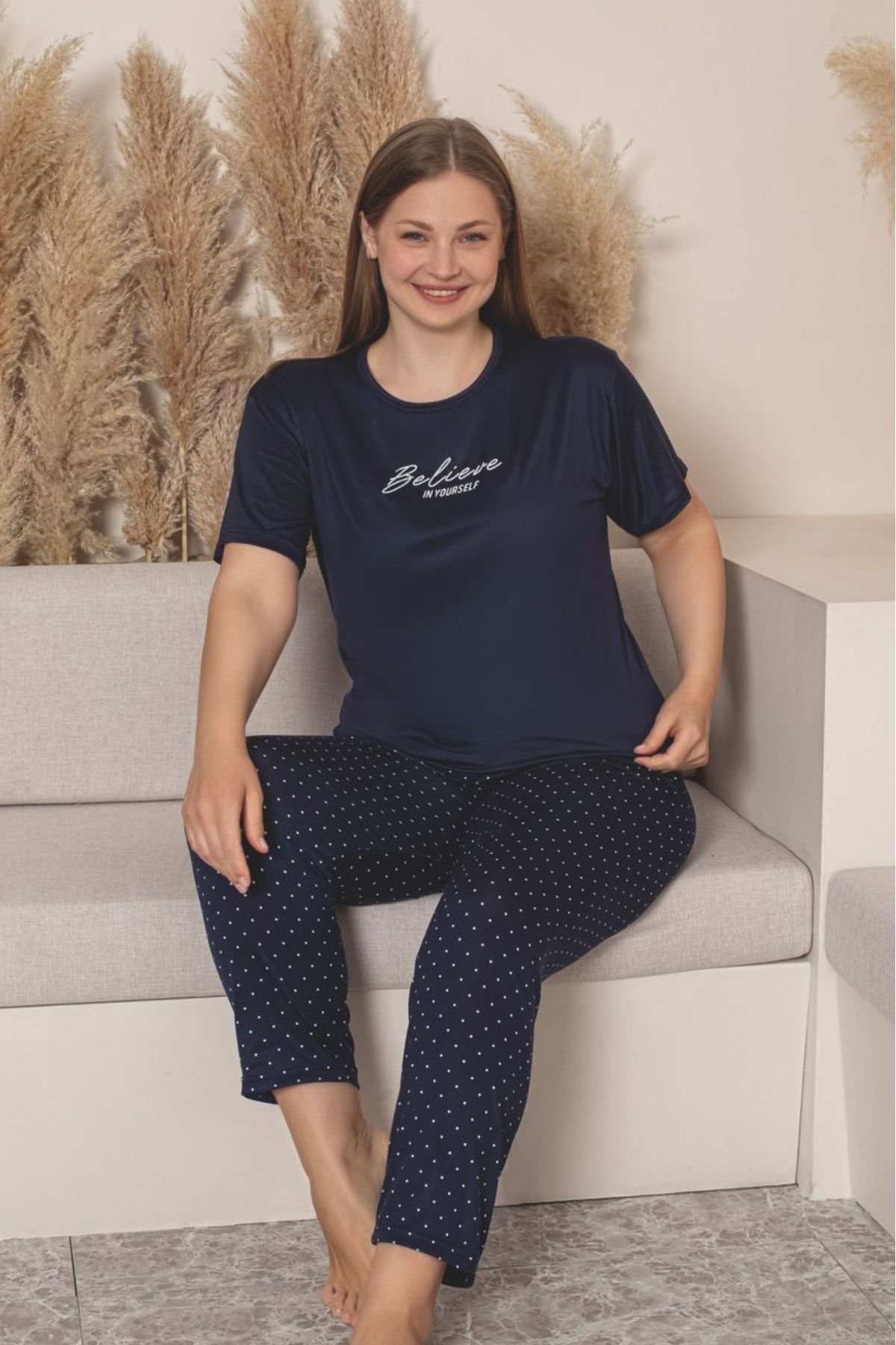 Farya Home Büyük Beden Milan Bambu Kısa Kollu Likralı Penye Pijama Takımı