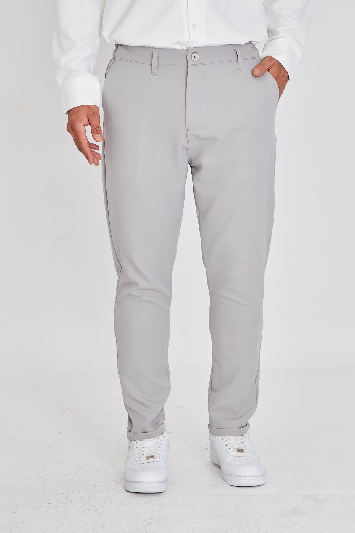 masso moda Erkek Bel Yarım Lastikli Kemerli Double Paça Dabıl Face Kumaş Slim Fit Pantolon