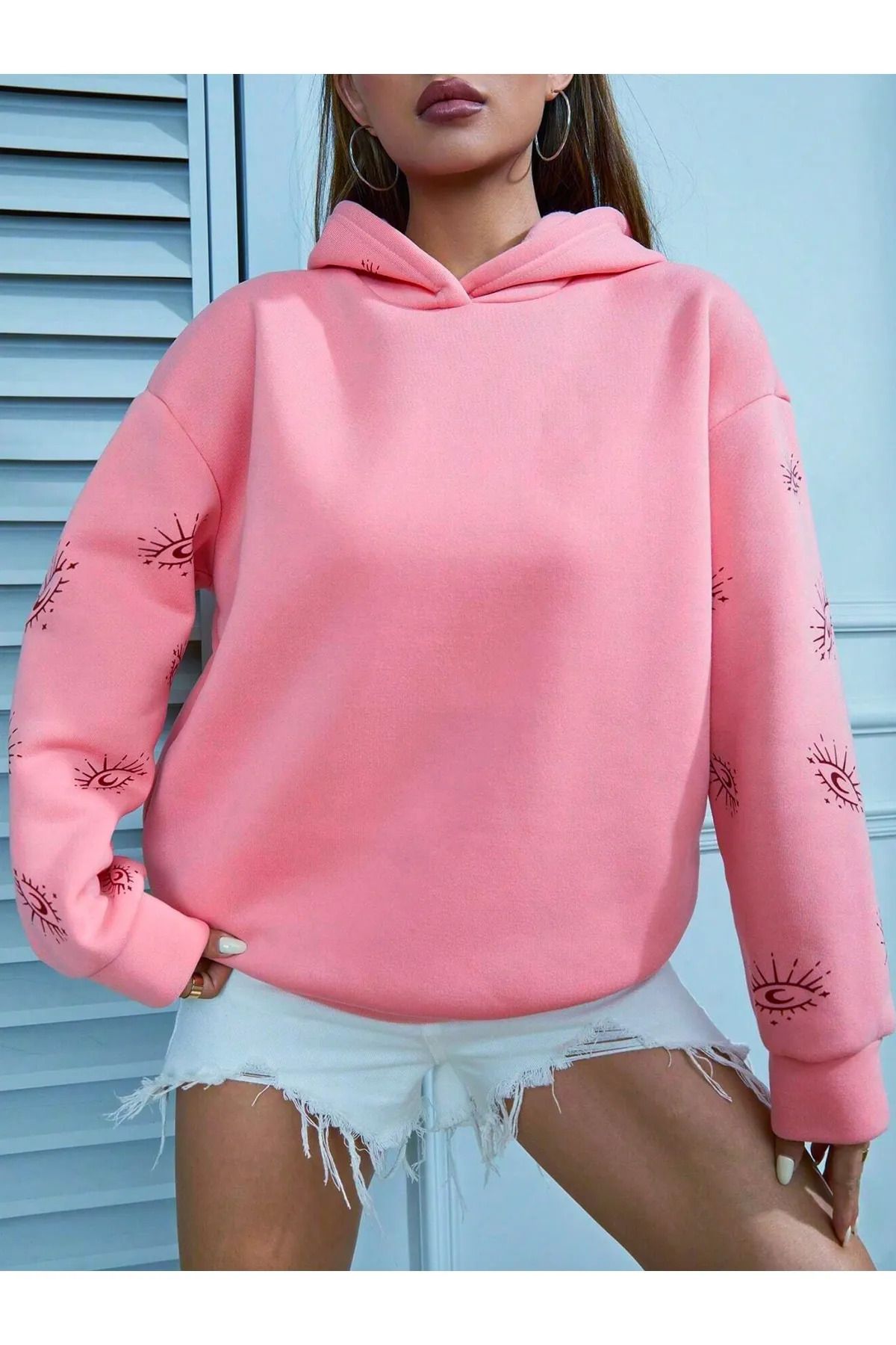 MARECASH 3 İplik Kapüşonlu Göz Baskılı Sweatshirt Unisex Oversize Kalın Kışlık %100 Pamuk