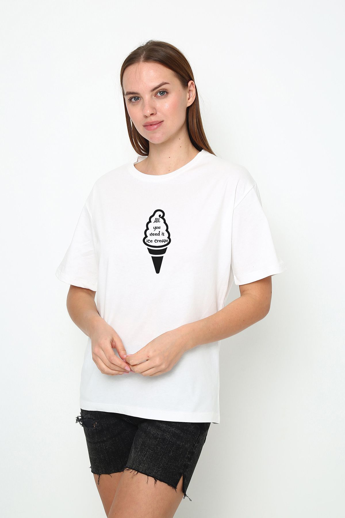 vikitekno oversize siyah ice cream baskılı kadın t-shirt
