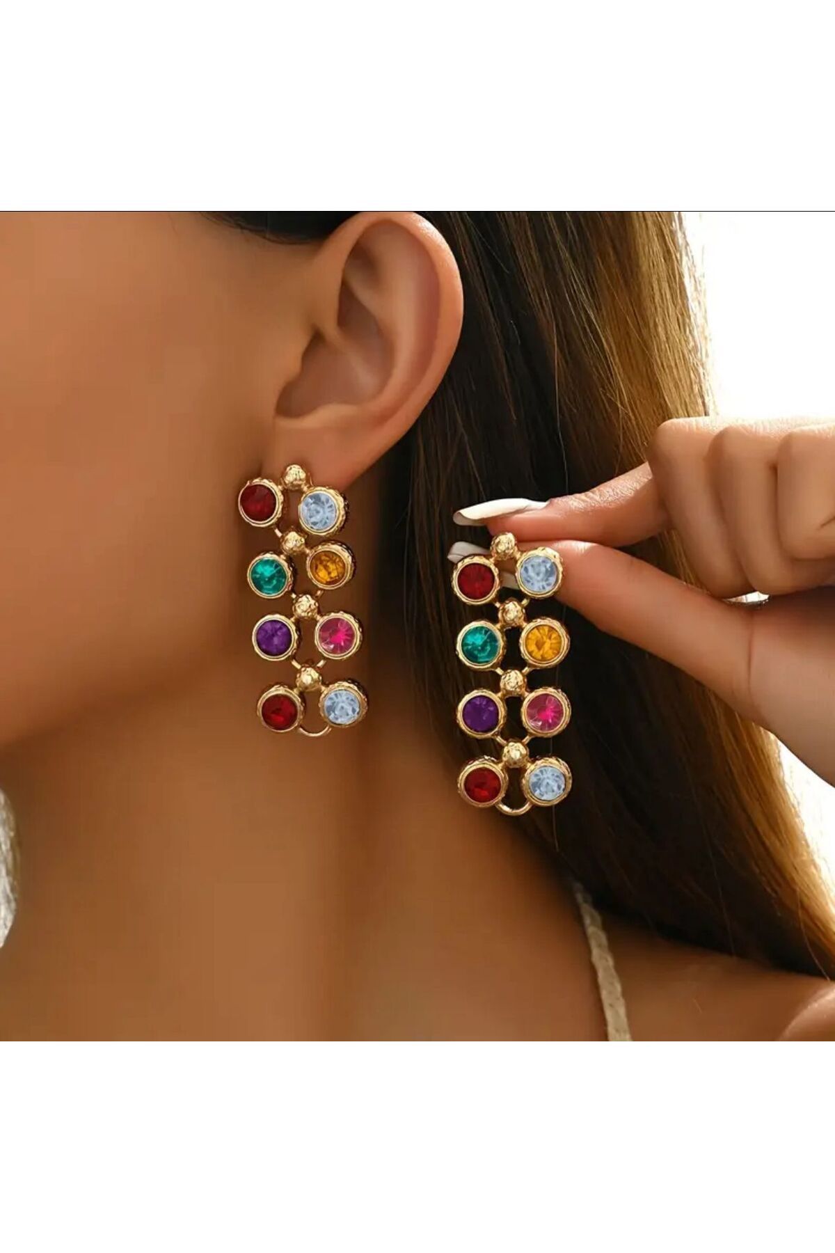 My Life Accessory Renkli Taşlı Yuvarlak Y Model Küpe Altın Kaplama Modern ve Gösterişli Kadın Çelik Küpe Modeli